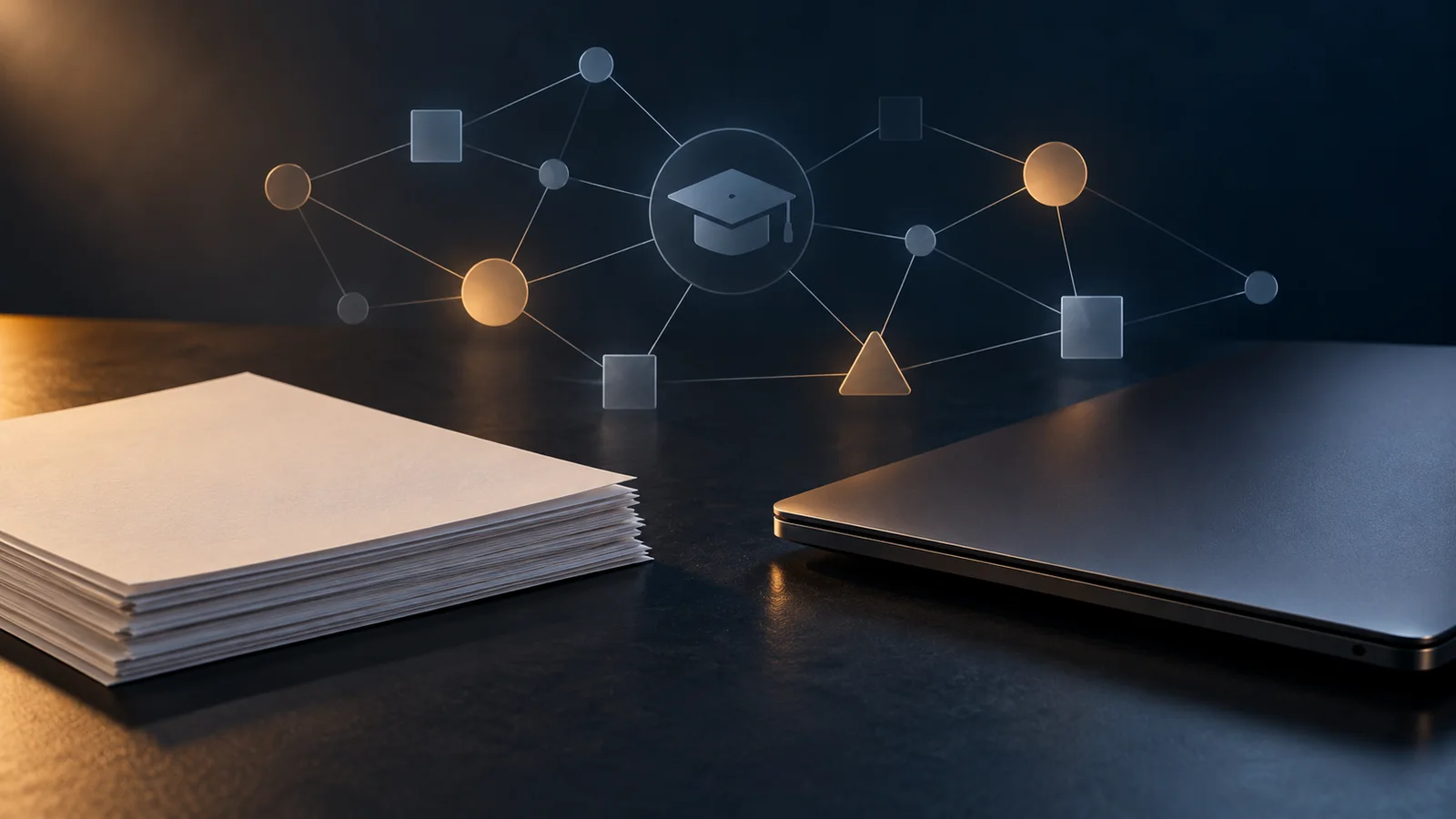 Conceptual illustration of blank paper forms and a closed unbranded laptop beneath an abstract network with a graduation-cap icon.