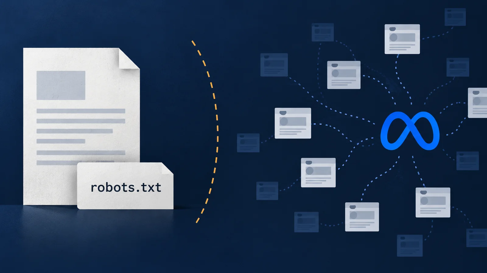 Editorial illustration of a robots.txt document, web-page cards and a Meta logo linked by dotted crawl paths.