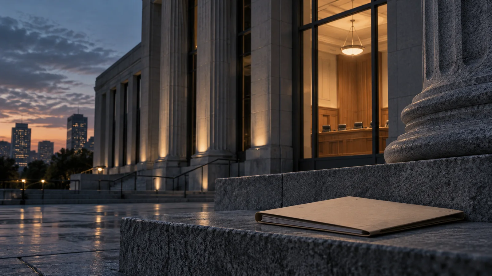 A conceptual illustration of an illuminated courthouse and empty courtroom at dusk, with an unmarked case folder on the stone steps.