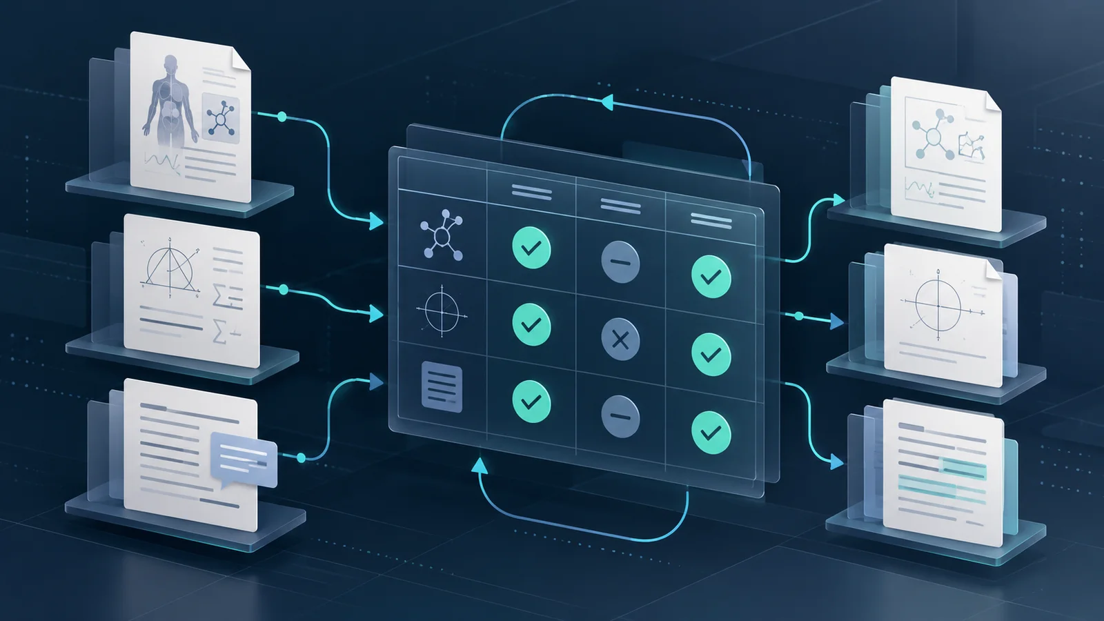 Conceptual editorial illustration of reference documents feeding into a central comparison grid with checkmarks and review markers.
