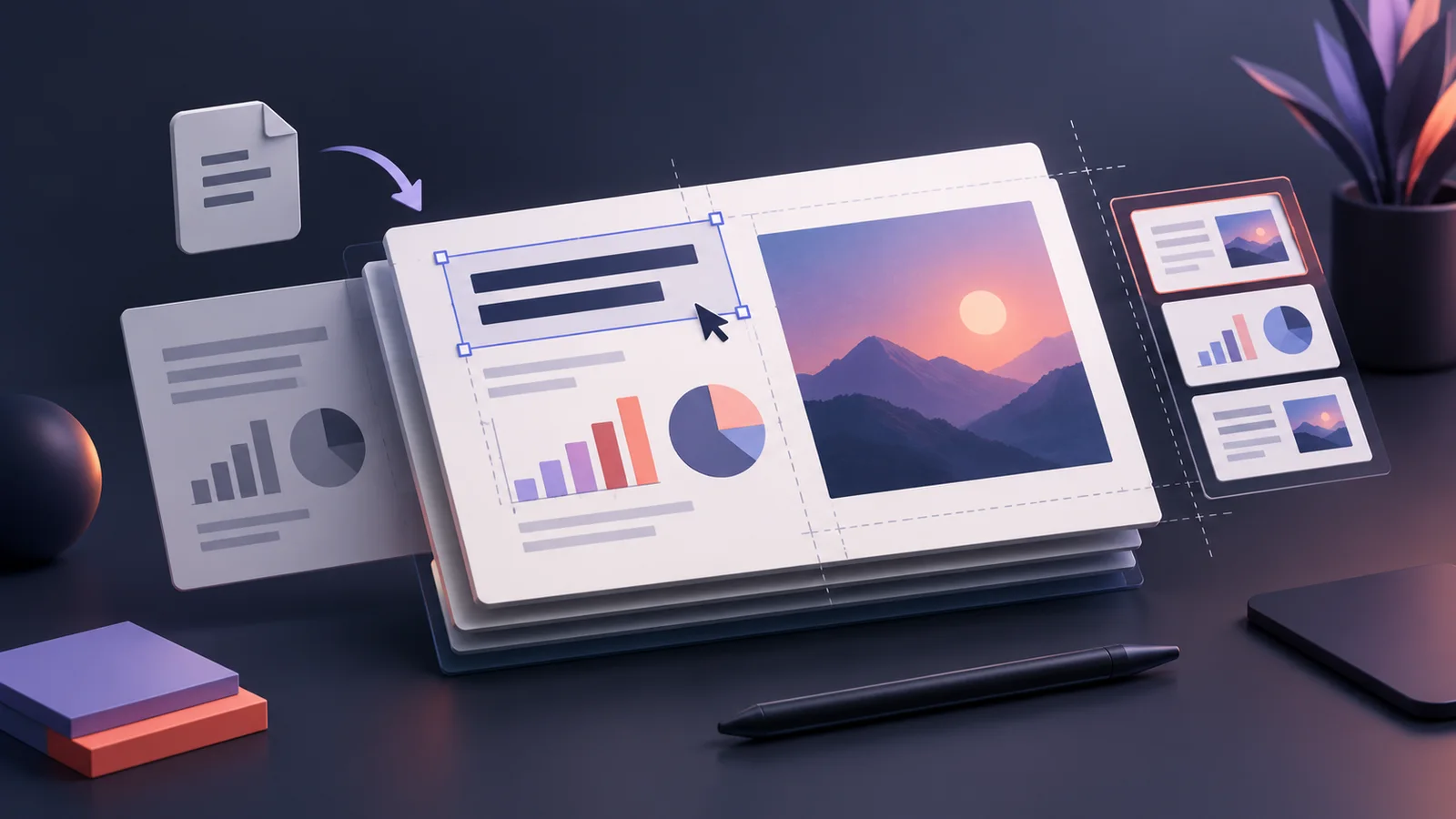 Conceptual illustration of editable presentation cards, generic charts and an imported document.