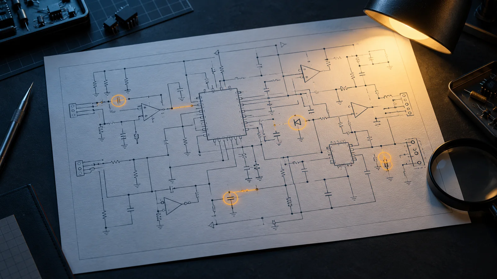 A paper electronics schematic on a dark workbench, with four amber review markers, a desk lamp and a magnifying glass.