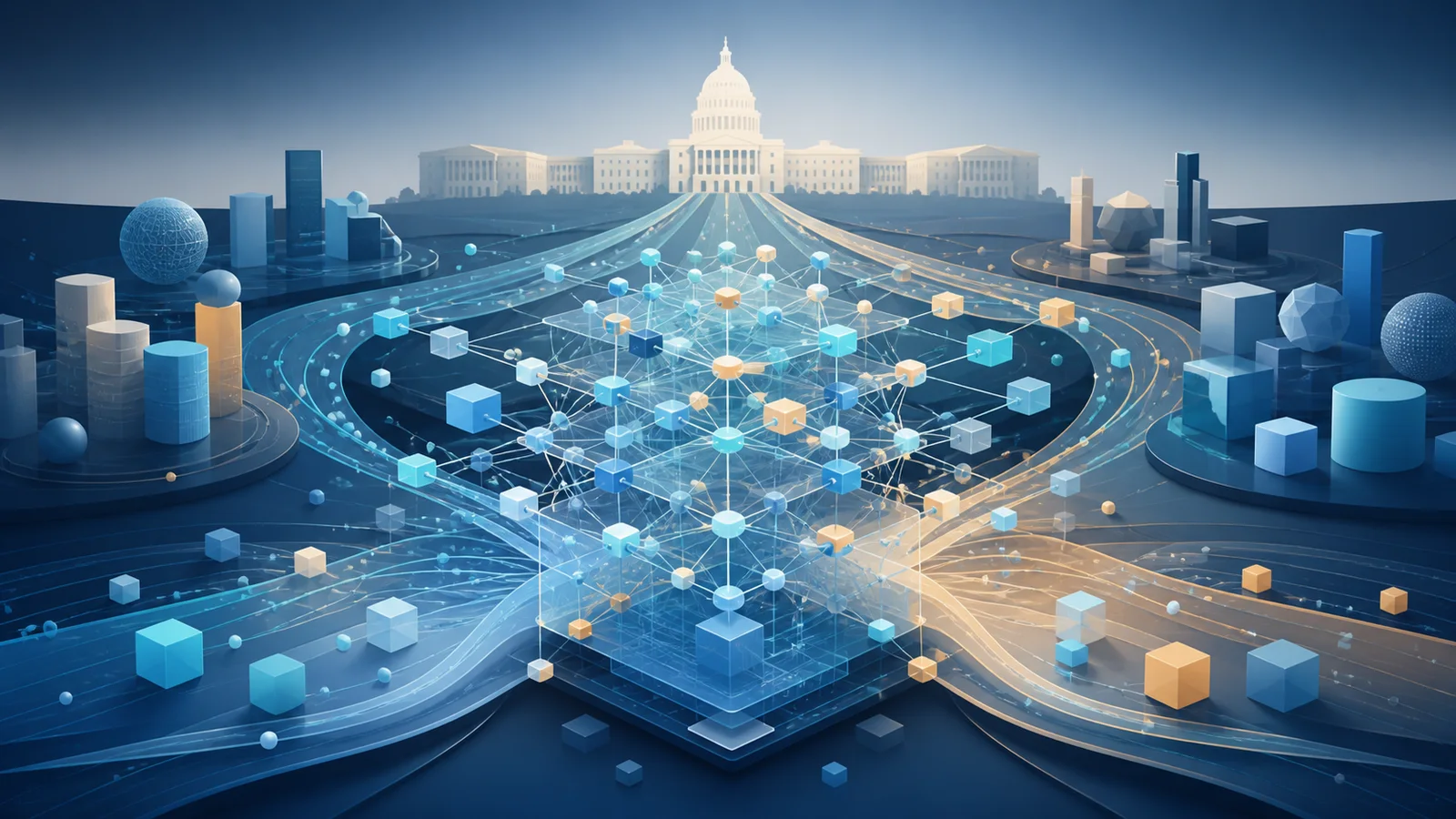 An open network of translucent nodes and modular blocks flows toward a stylized government building.