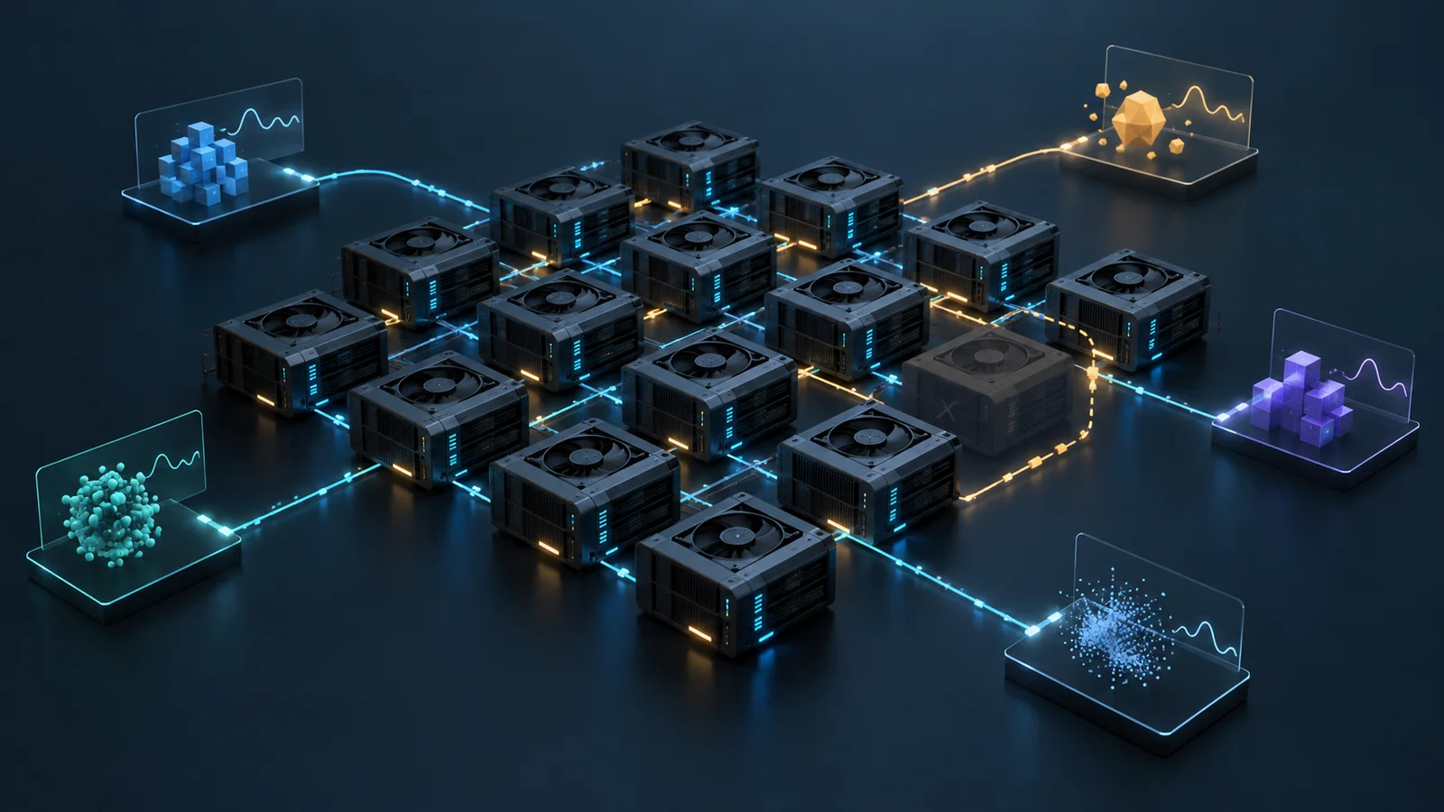 Conceptual illustration of a GPU compute cluster connected to several parallel experiment nodes, with one dimmed module bypassed by a rerouted path.