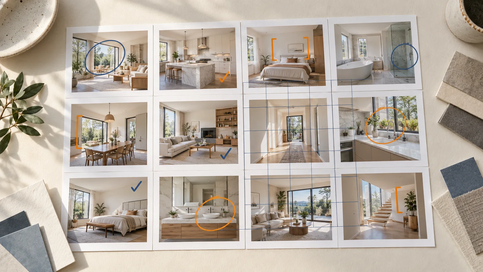 Conceptual overhead contact sheet of twelve unbranded property interiors with blue and orange review marks and a fine evaluation grid.