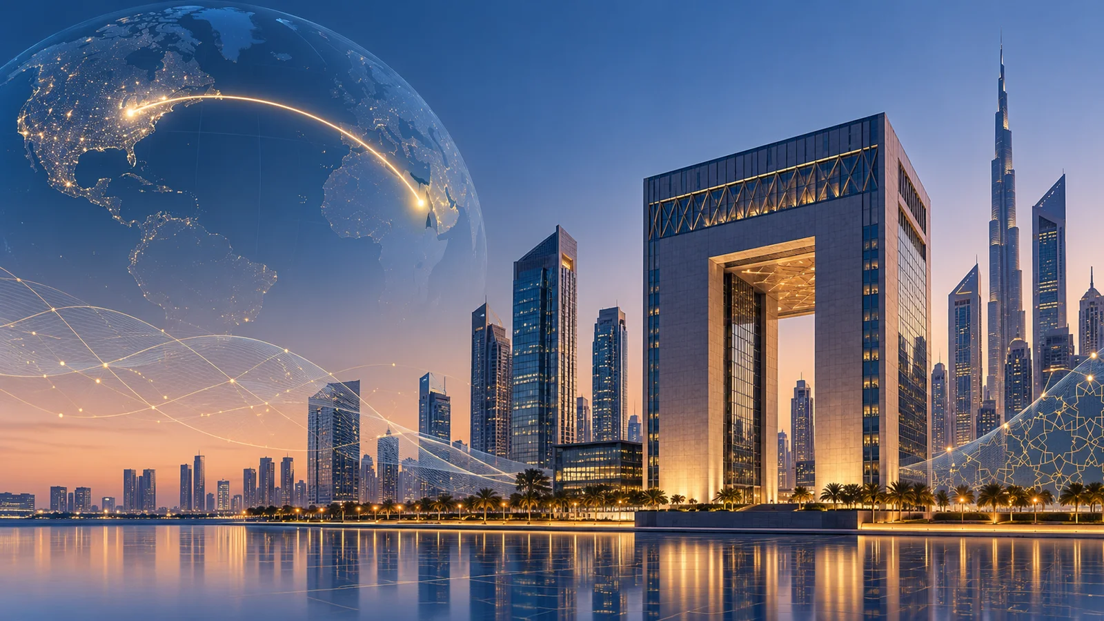 Conceptual illustration of Dubai’s skyline and a prominent financial-district tower, with a globe, a glowing international connection arc and abstract data-network lines.