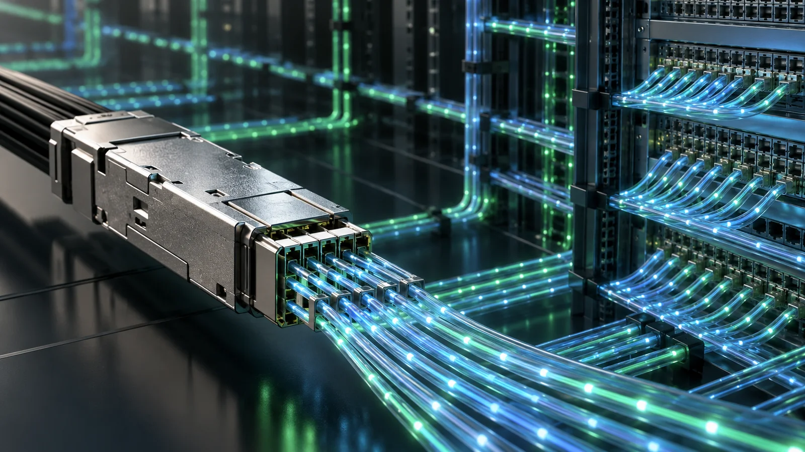 Generated editorial illustration of a high-density optical interconnect linked by blue and green fiber paths to a network rack, with no logos or text.