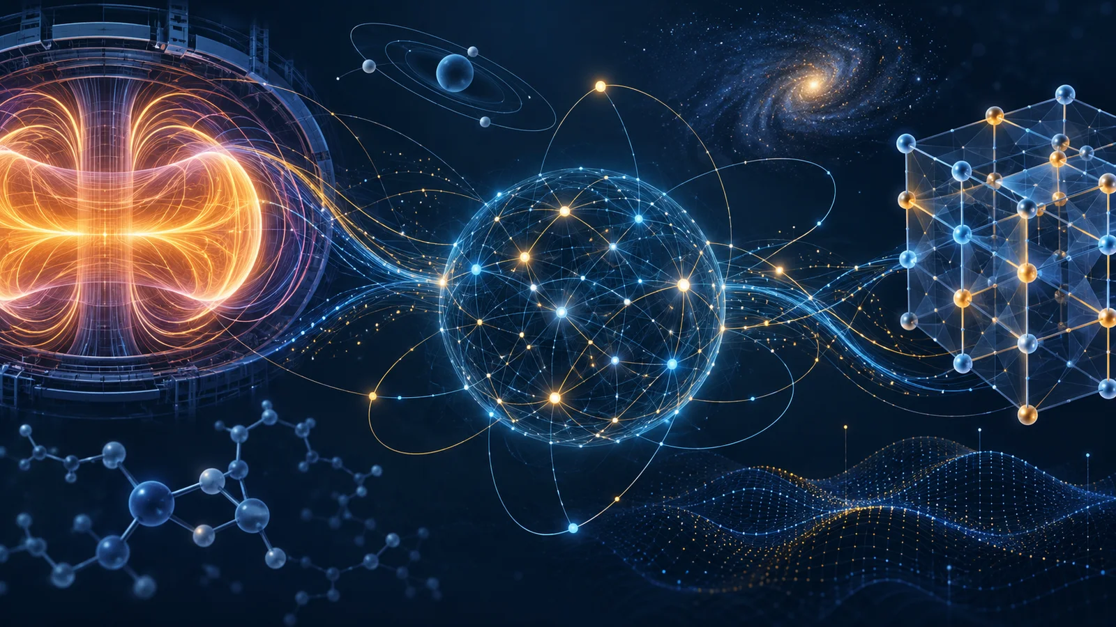 Conceptual scientific network linking a fusion-plasma form, orbital research motifs, molecular structures and a quantum lattice.