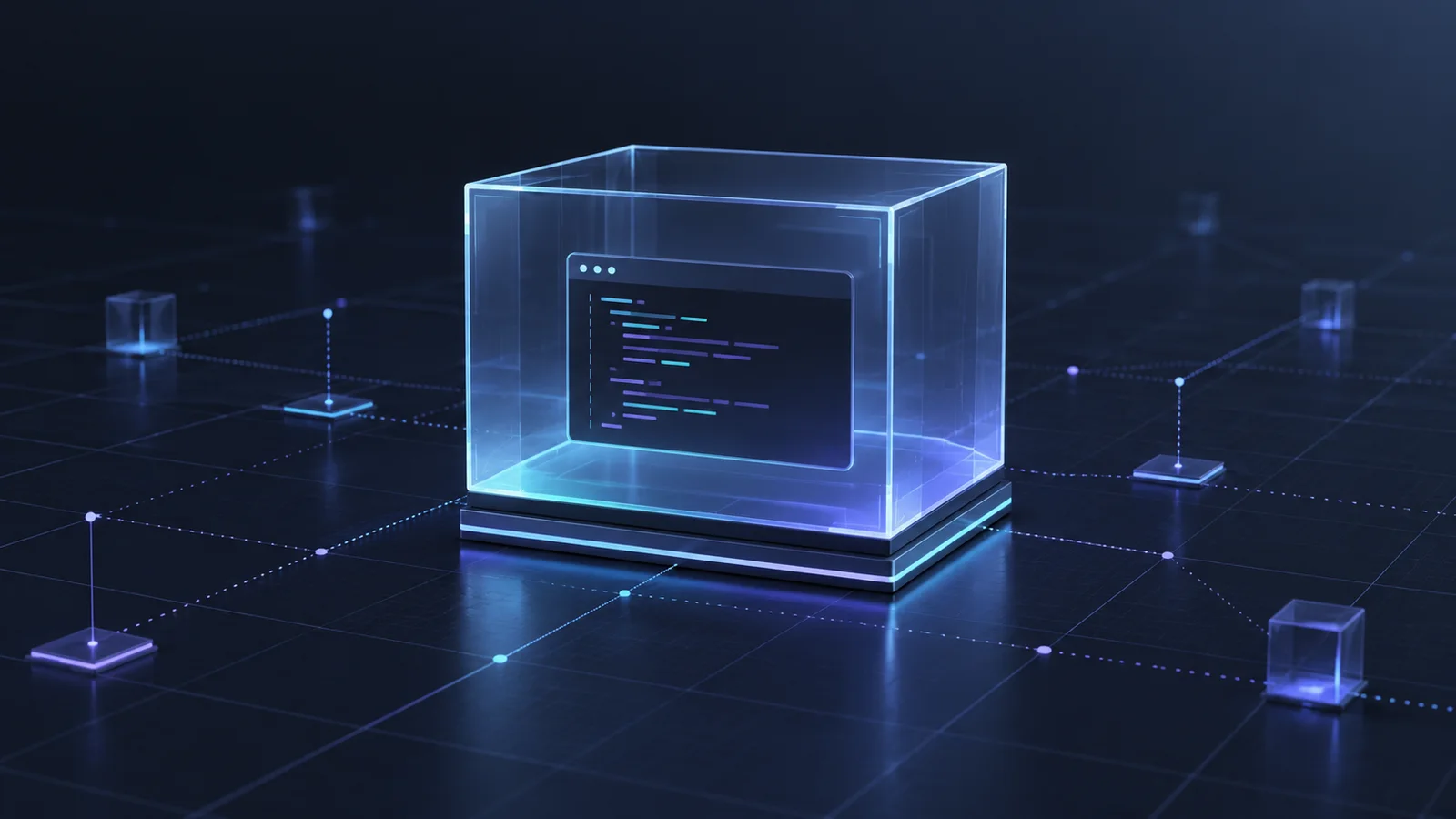 Conceptual illustration of a transparent microVM-like container holding an abstract terminal panel on a dark technical grid.