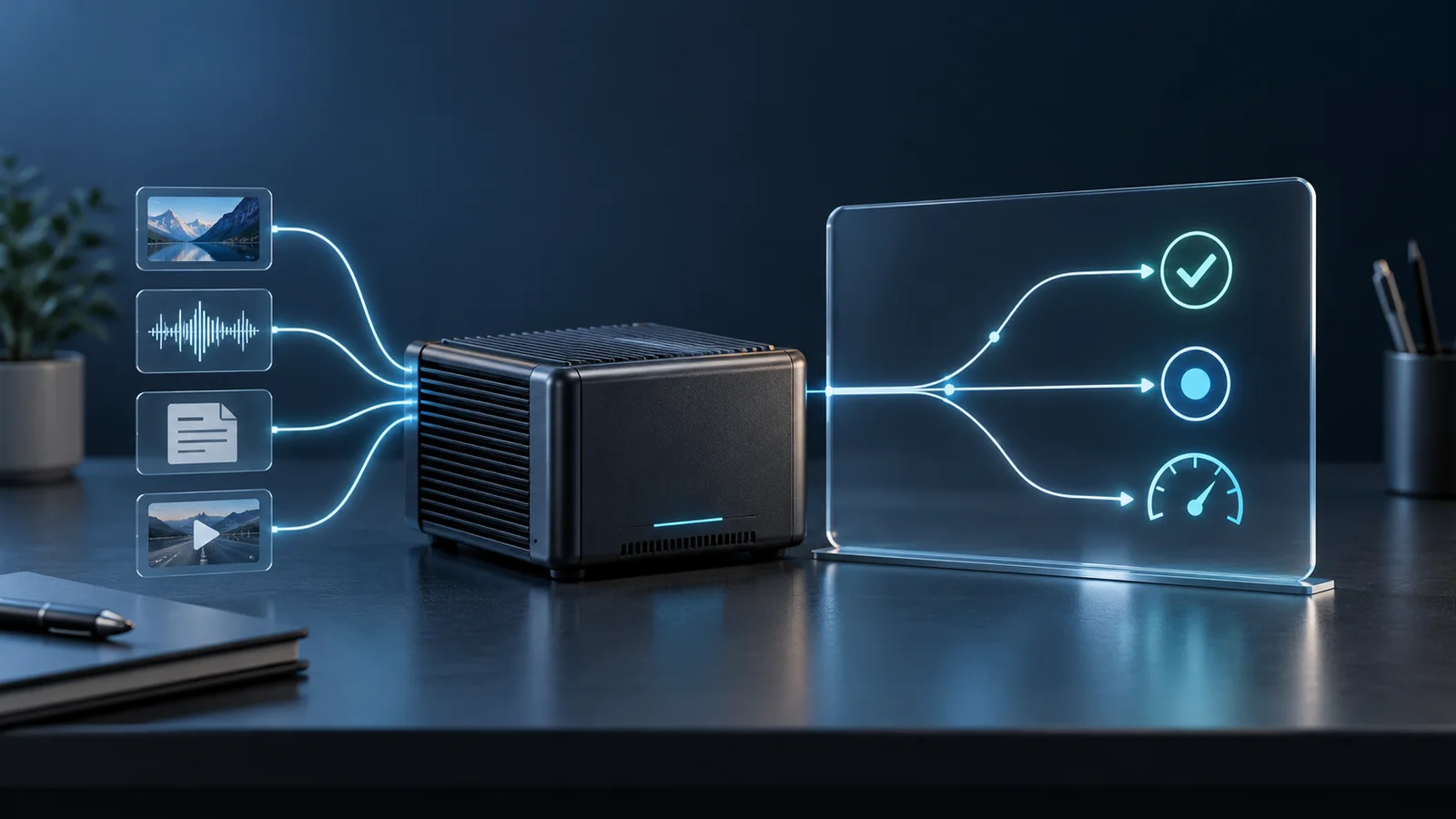 Conceptual edge-computing device receiving image, audio and document inputs before branching to check, choice and score outcomes.
