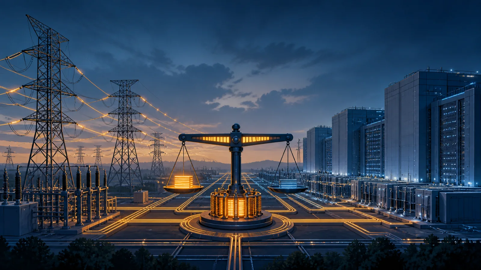 Editorial illustration of transmission towers and power lines connected to data-center buildings around a central balancing scale