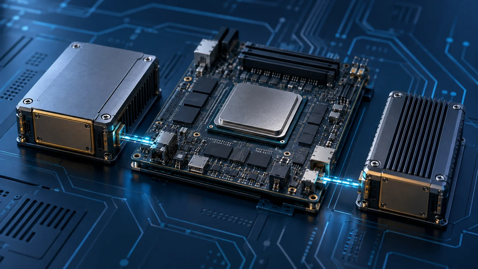 Conceptual illustration of two unbranded hardware security modules connected to a local compute board by blue data paths.