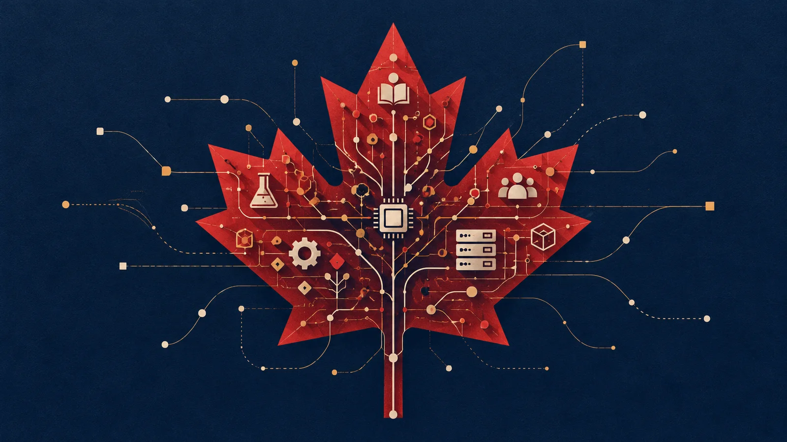Conceptual red maple leaf with research, engineering and compute symbols on a navy background.