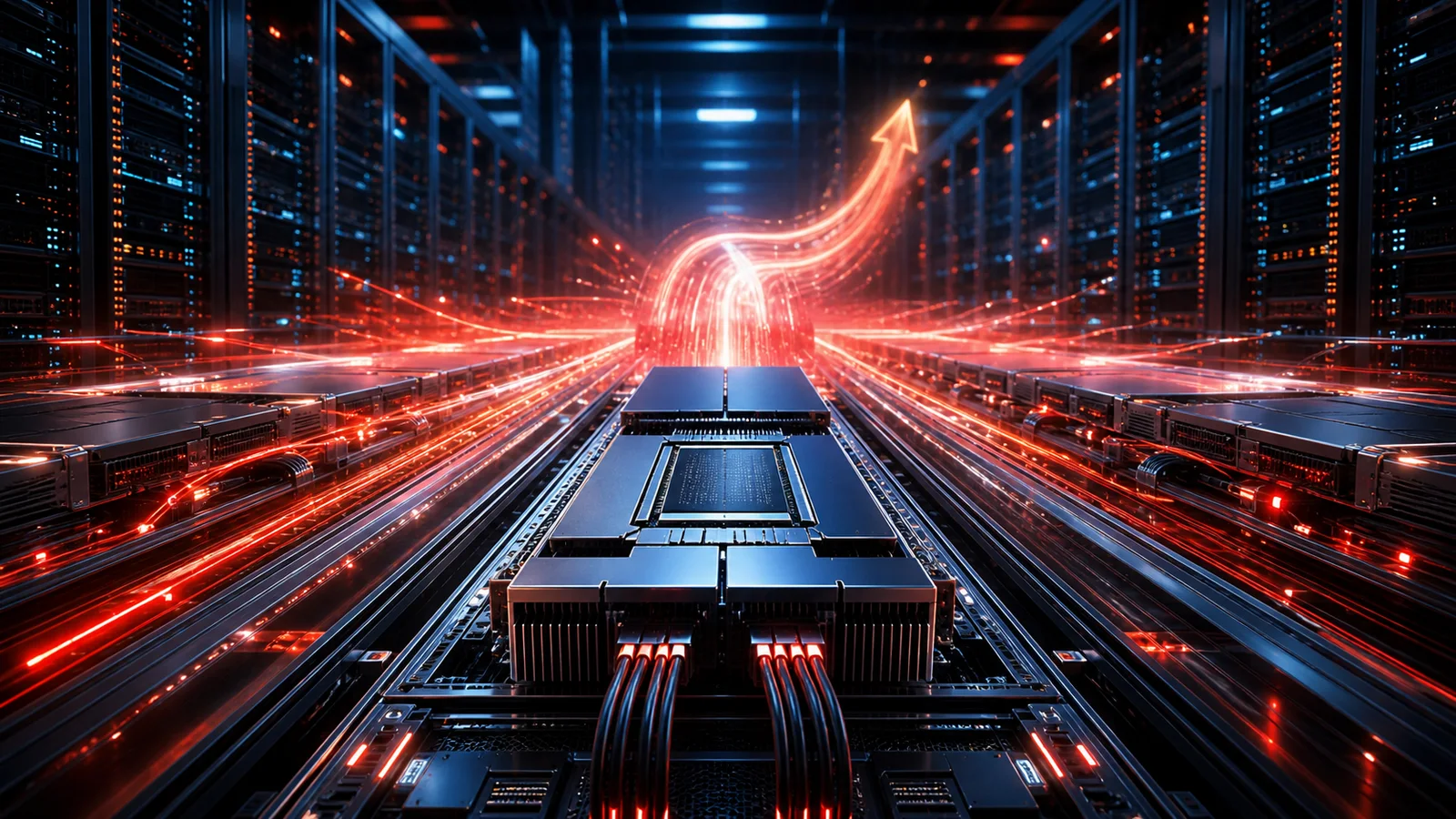 An illustrated accelerator module amid server racks, with red-orange light trails rising through a blue data center.