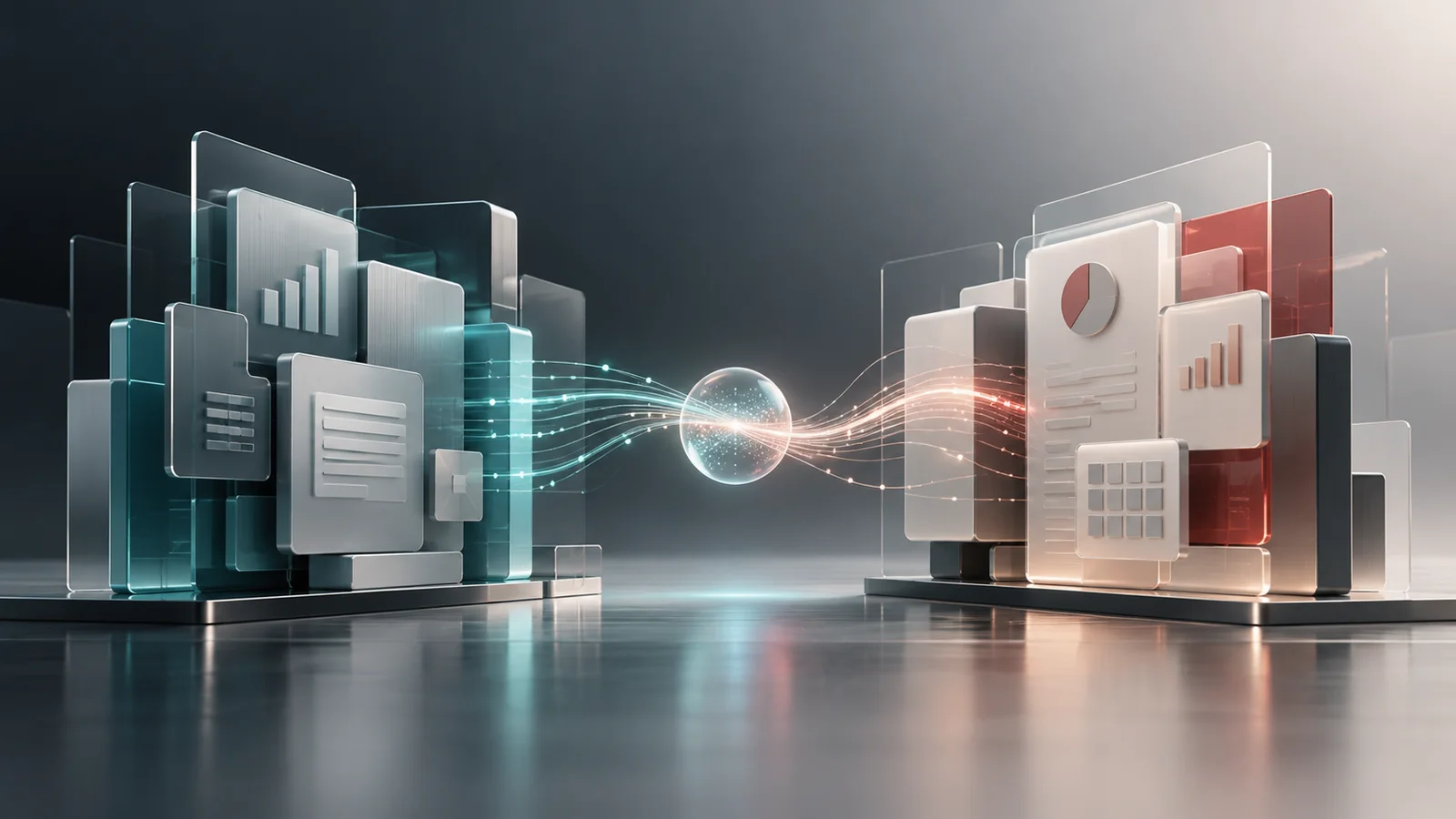 Conceptual illustration of two balanced clusters of enterprise application panels connected by a central data pathway.