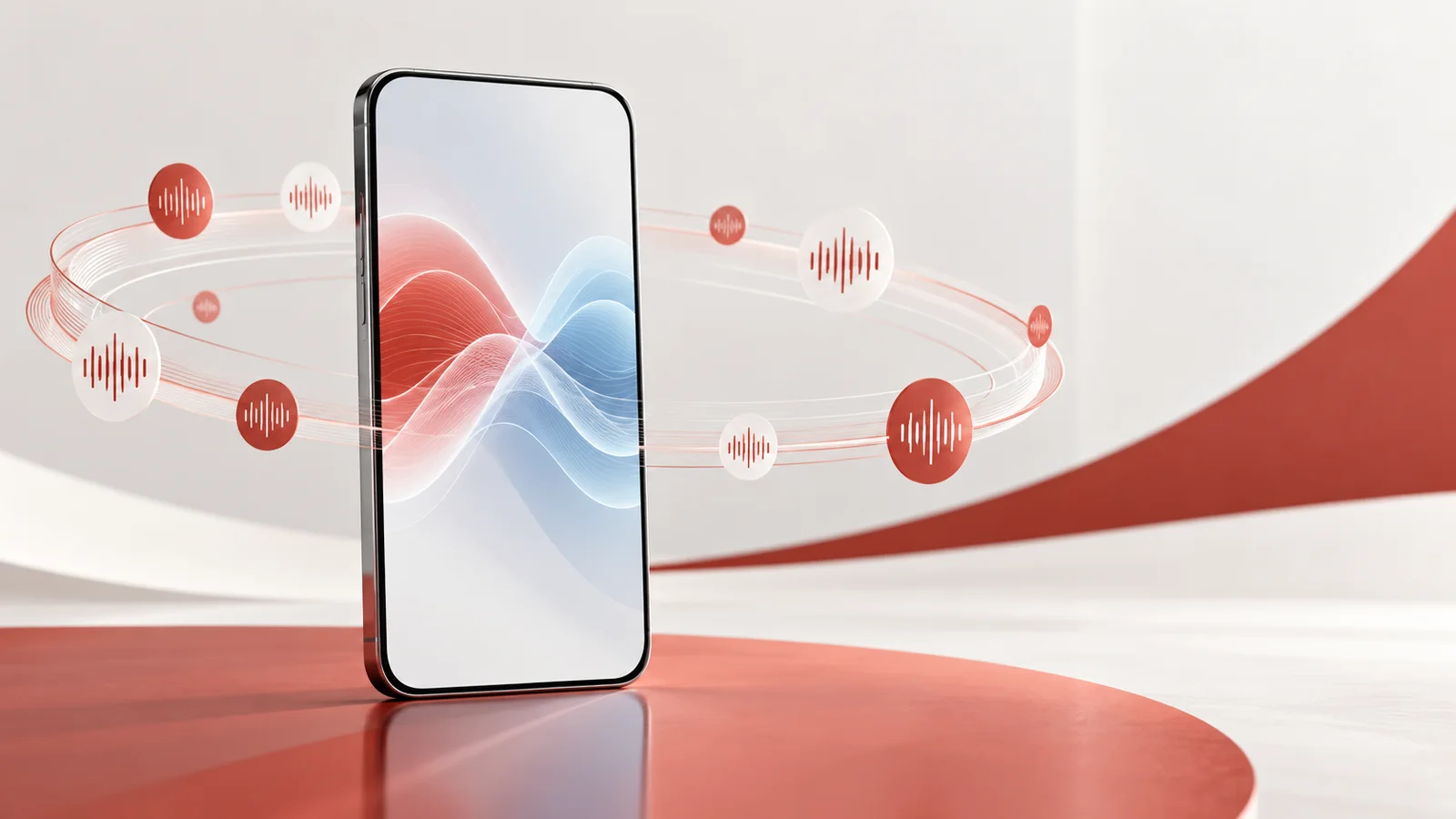 An unbranded smartphone surrounded by abstract red and blue speech-wave forms in a restrained editorial illustration.