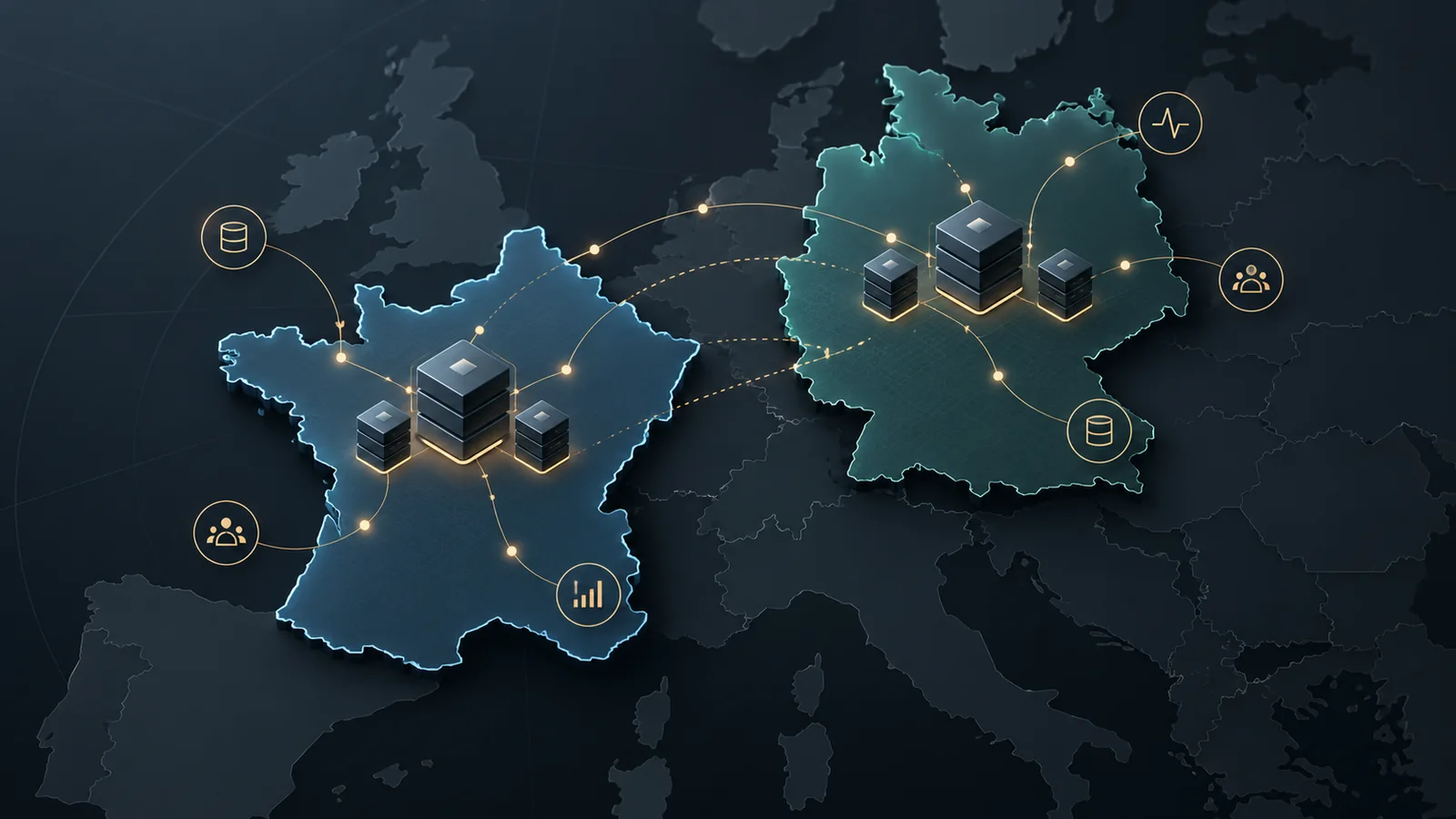 Conceptual map of France and Germany with abstract storage blocks and connected regional control pathways.