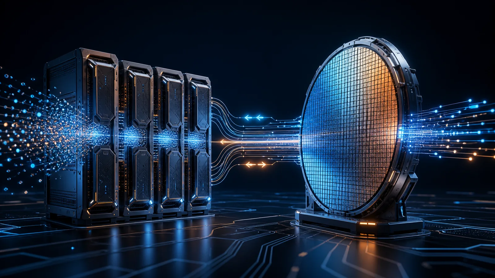 A modular compute cluster exchanges streams of light with a large circular wafer-scale processor.