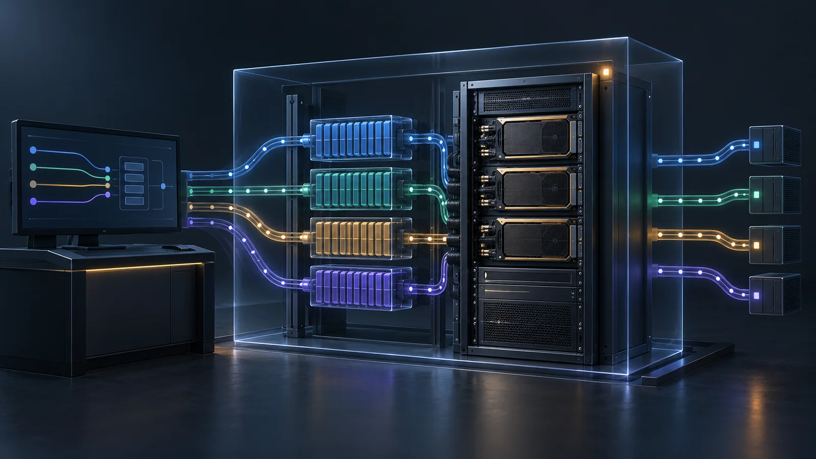 Conceptual illustration of a protected GPU inference rack, modular cache blocks and routed concurrent task streams.