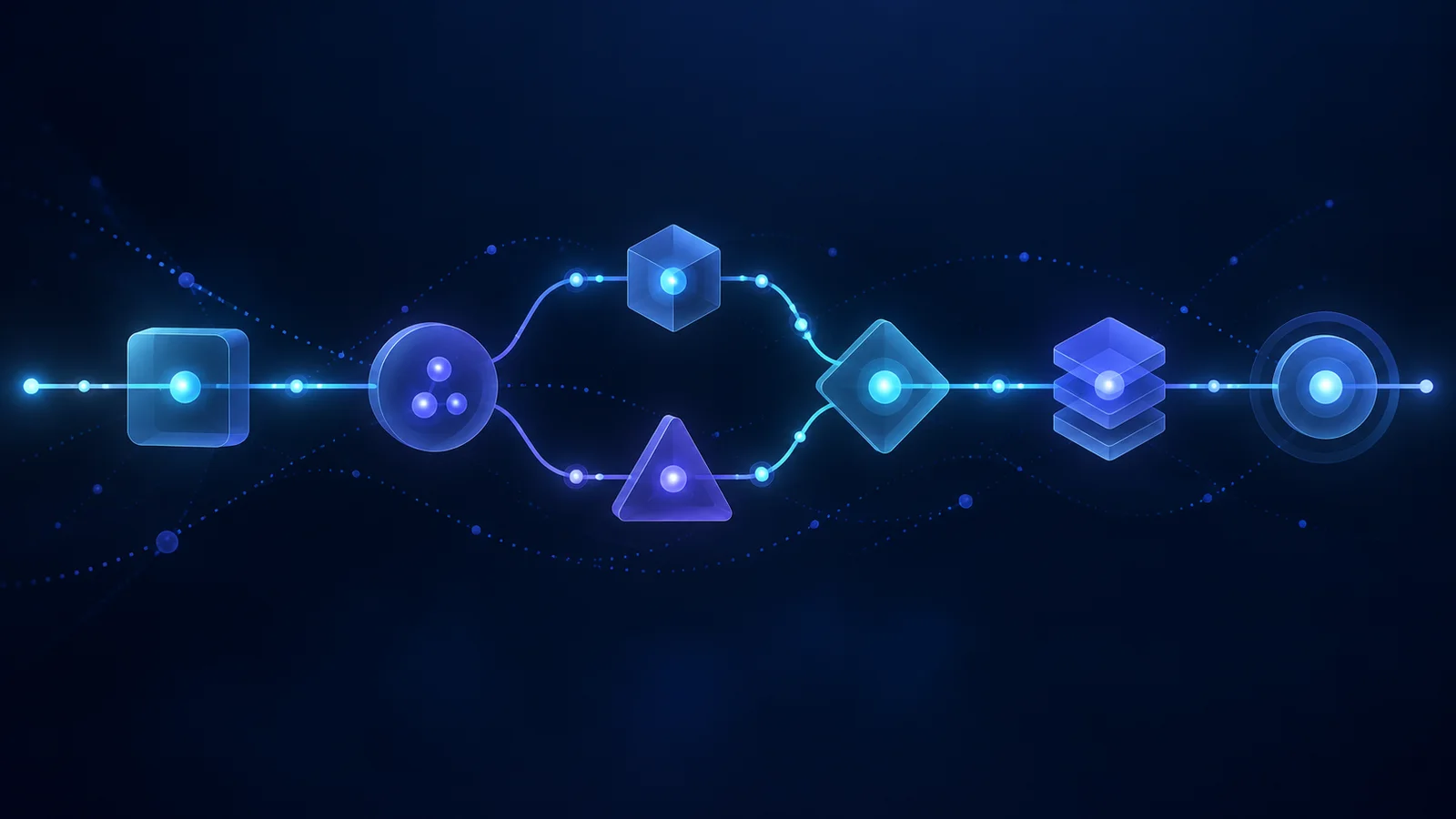 A luminous horizontal trace connects abstract workflow nodes, branches through two paths and reconverges on a dark blue background.