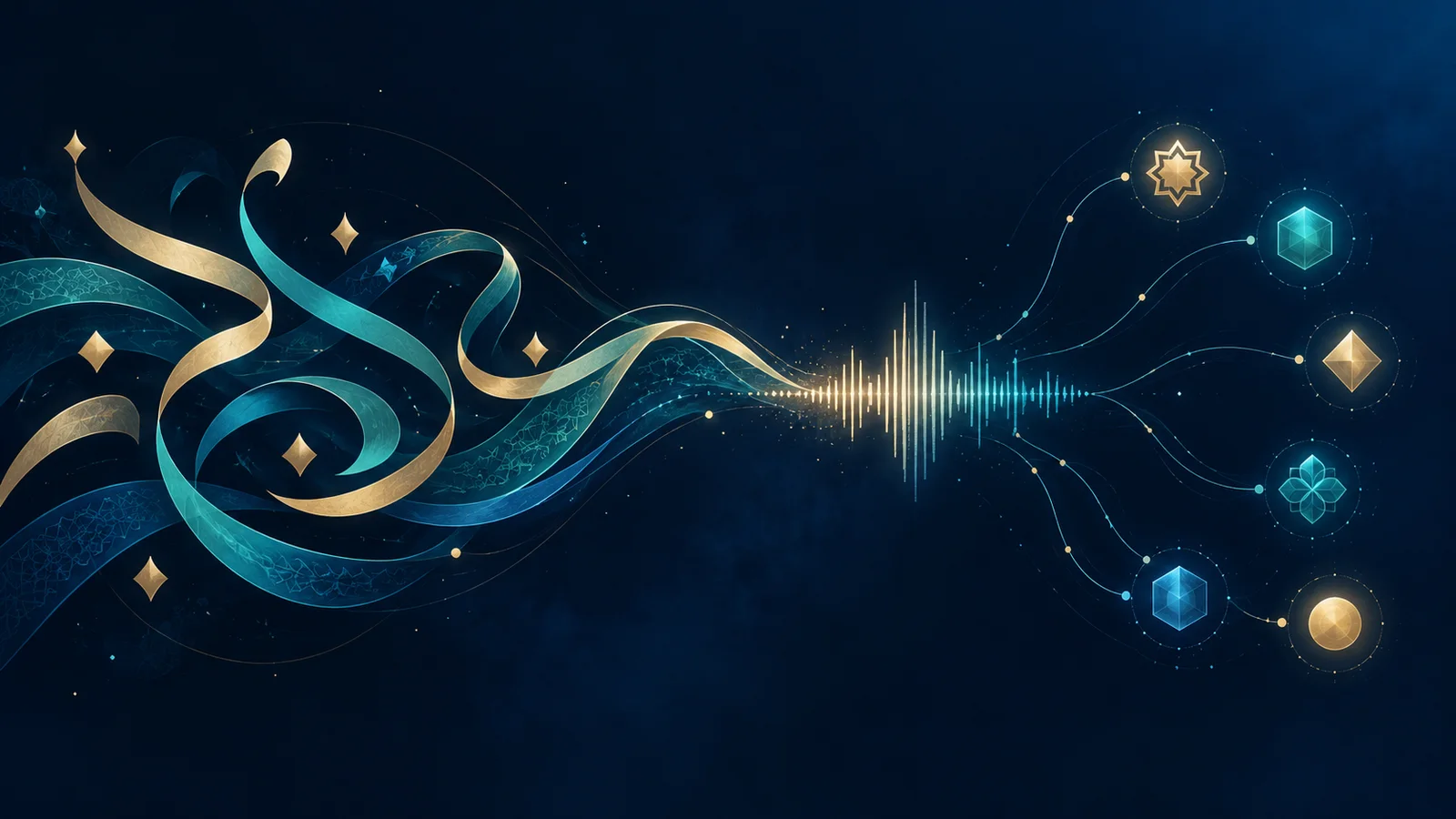 Abstract teal and gold Arabic-inspired ribbons flow into a waveform, with six luminous geometric nodes on a navy field.