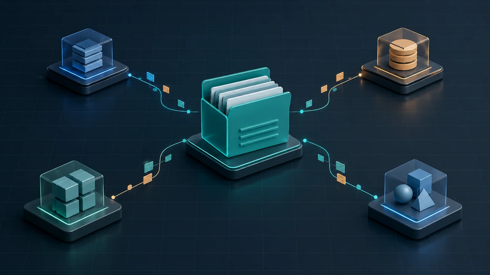 A teal dataset repository at center connects through separate metadata lines to four distinct abstract runtime nodes on a dark grid.