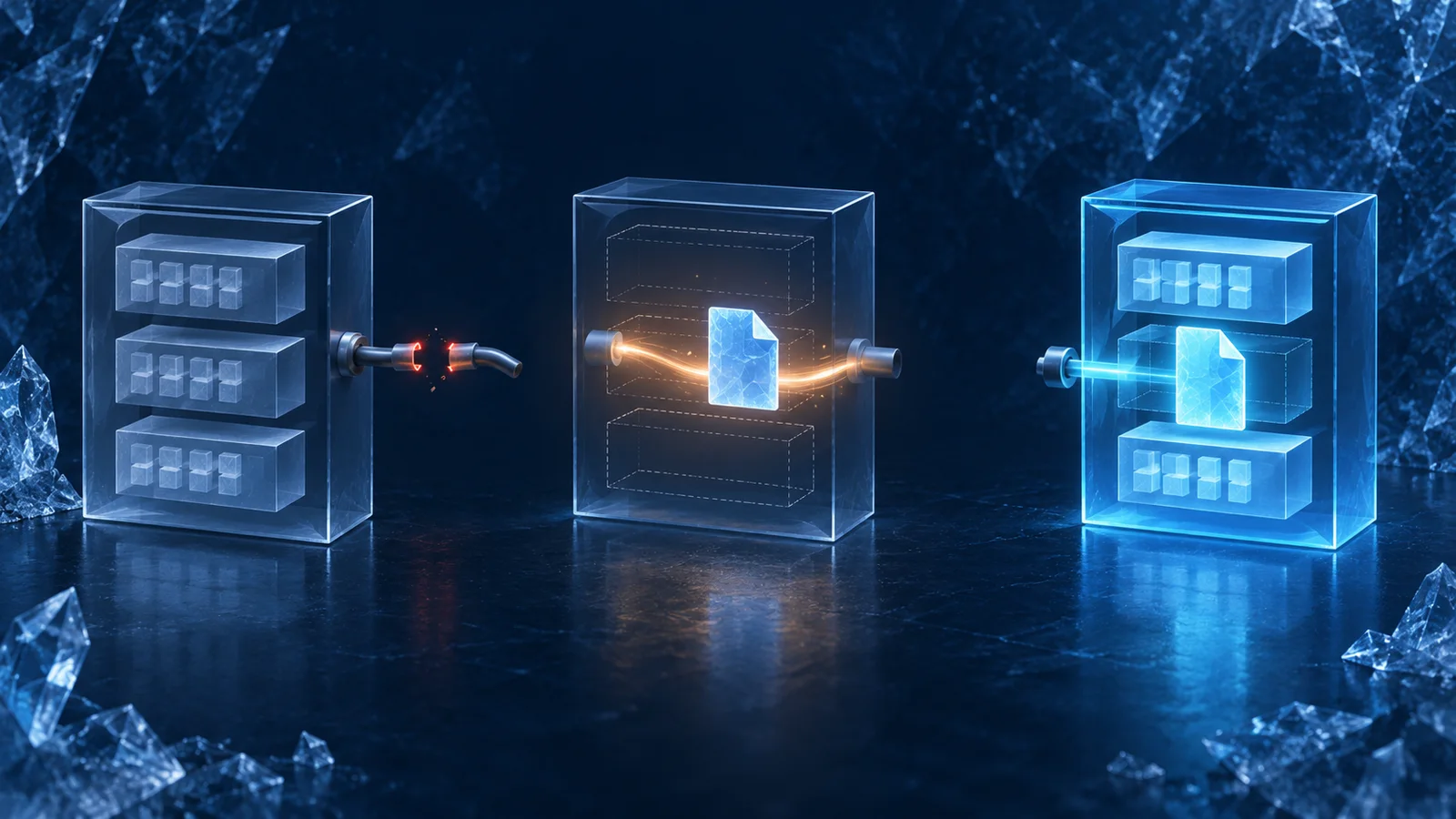 Three transparent catalog cases show a severed connection at left, an icy metadata document in a central handoff, and an active connection at right.
