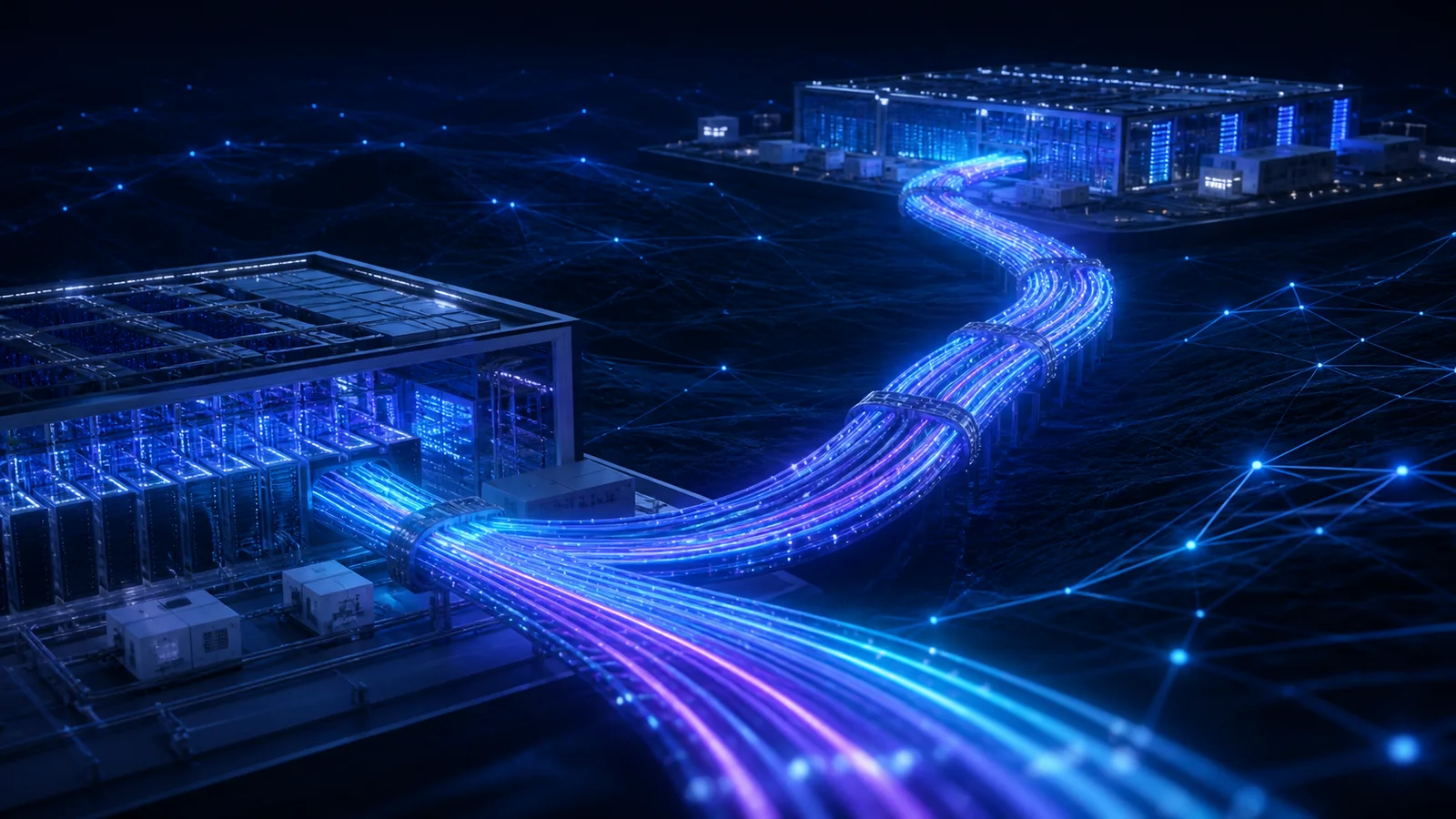 Glowing fiber-optic cables connect two conceptual data-center facilities across a dark network landscape.
