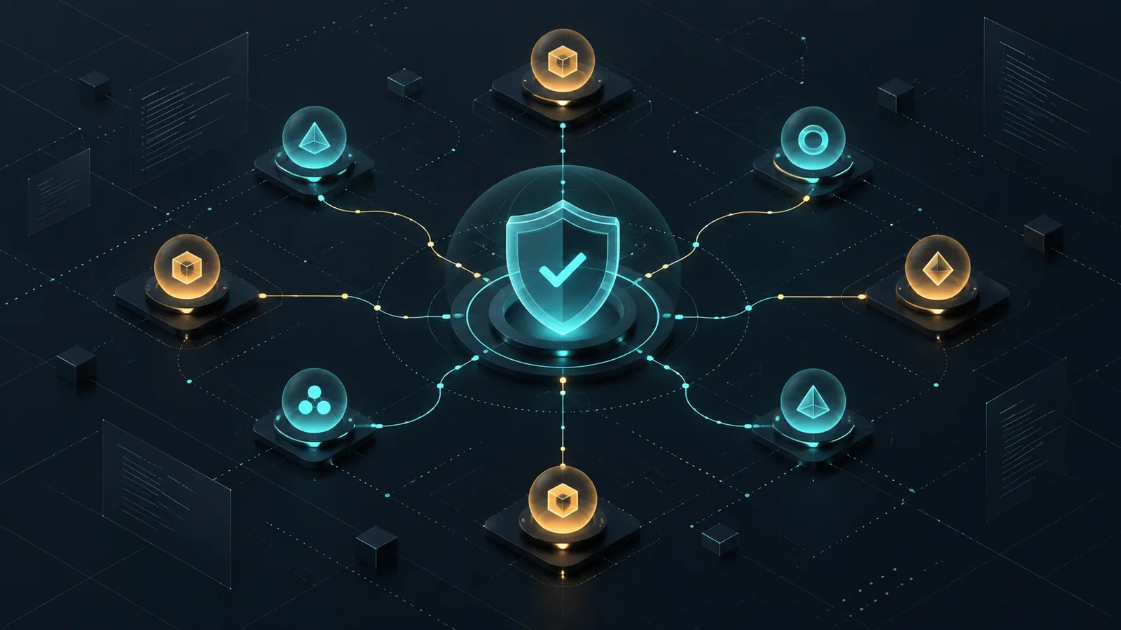 Conceptual illustration of teal and amber agent nodes linked to a central teal security shield on a dark technical background.