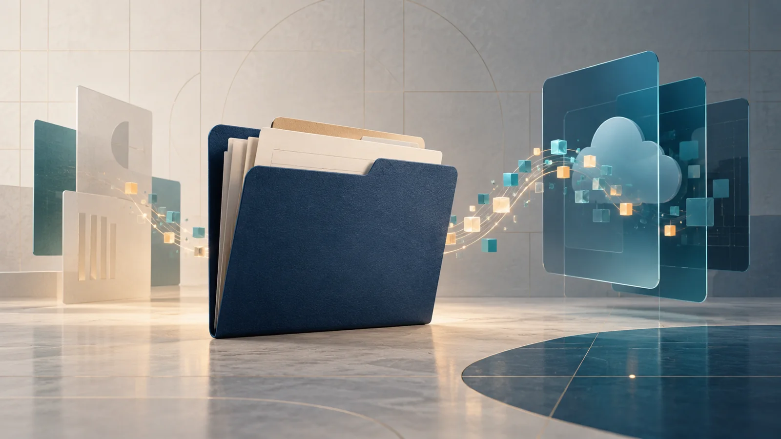 An unbranded navy document folder with papers, connected by glowing data tokens to abstract blue cloud-service panels.