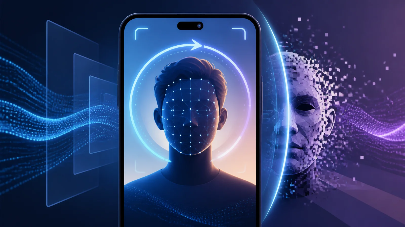 Illustrated phone scanning a face as a synthetic duplicate dissolves beyond a security barrier