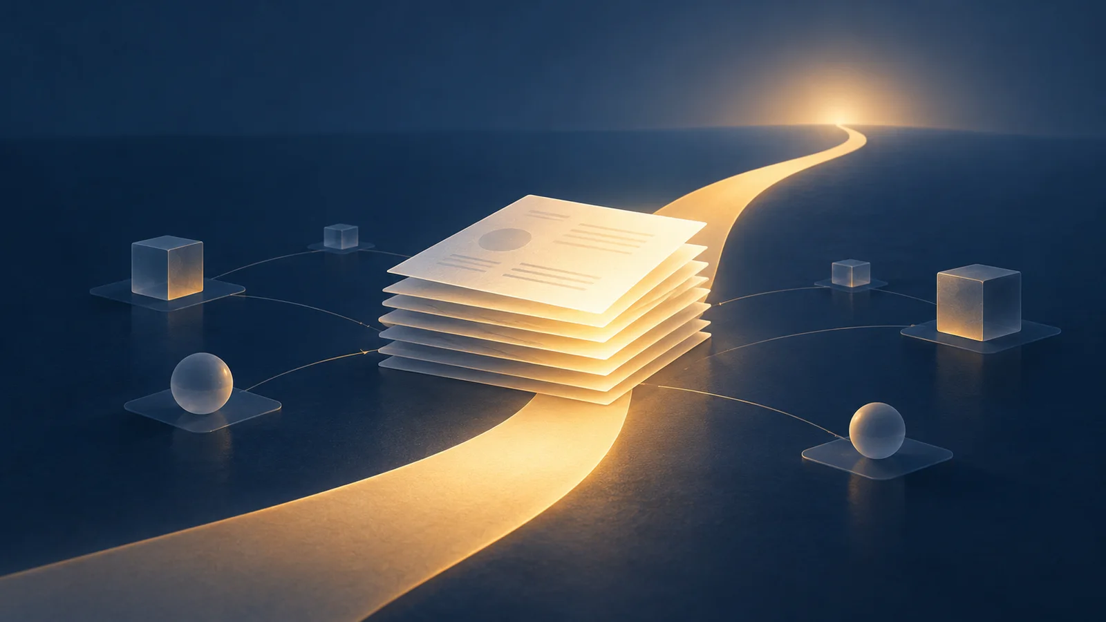 Conceptual illustration of a glowing stack of documents and an amber path across a dark blue field, representing new financing and an independent reset.