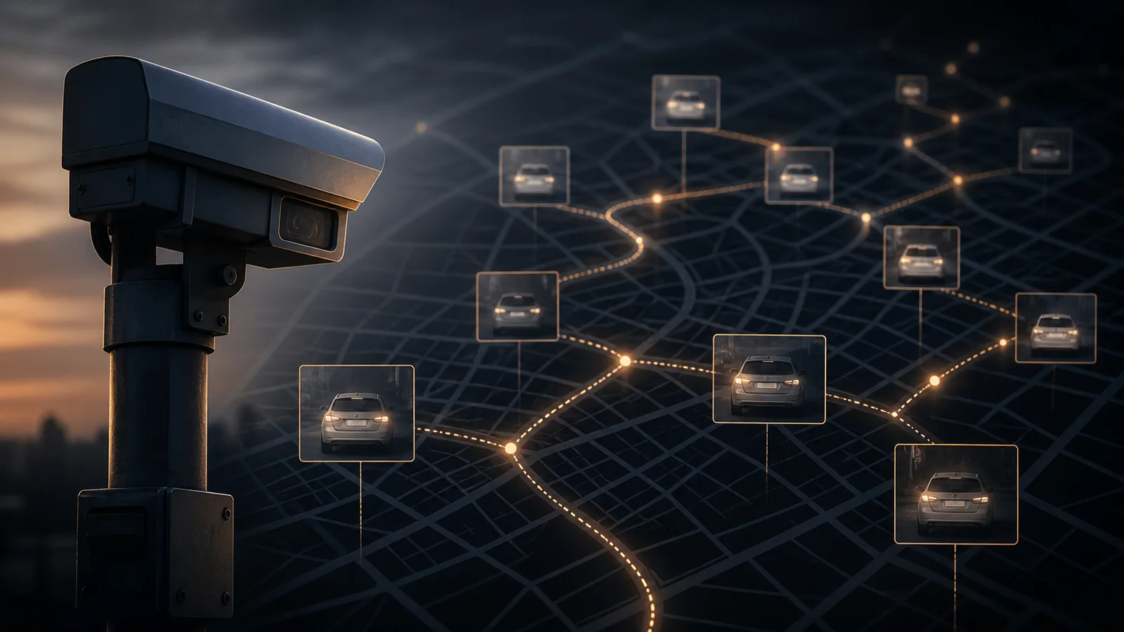 An illustrated roadside license-plate camera overlooks an abstract map with repeated vehicle detection points connected by glowing search trails.
