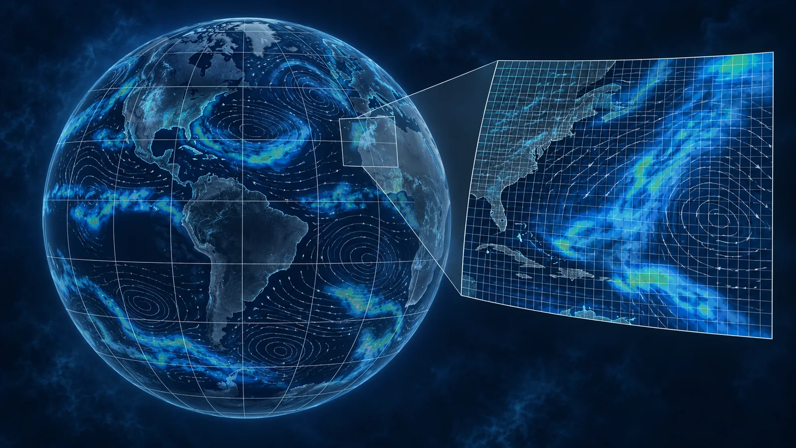 Conceptual weather-model illustration showing a gridded globe and a magnified regional grid with rainfall colors, wind streamlines and pressure contours.