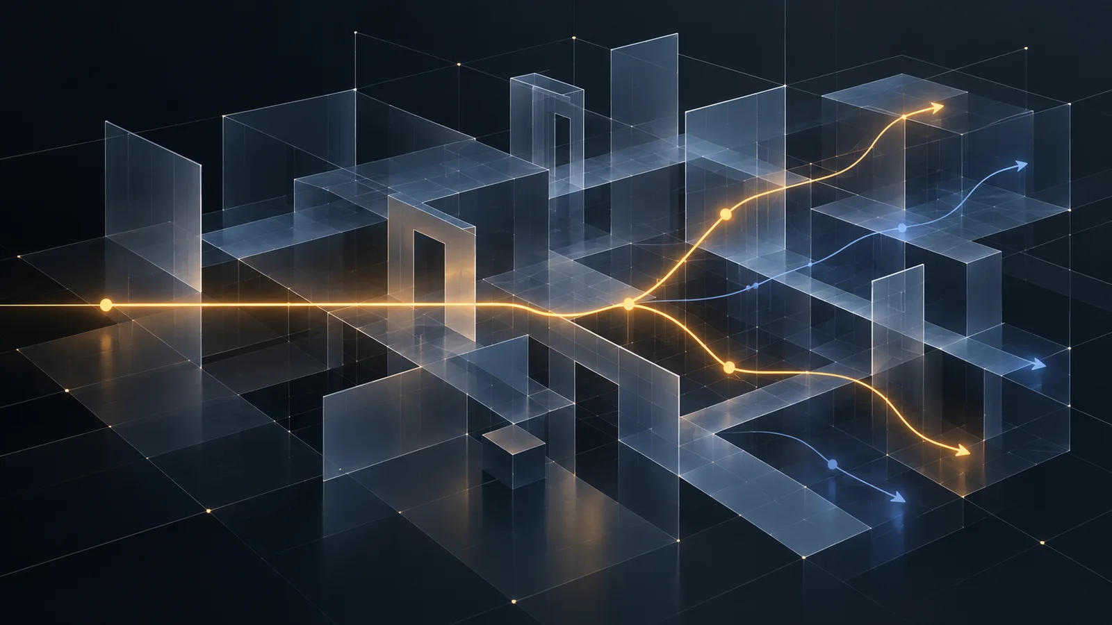 Conceptual illustration of translucent blue-gray spatial planes crossed by branching amber and blue trajectories.