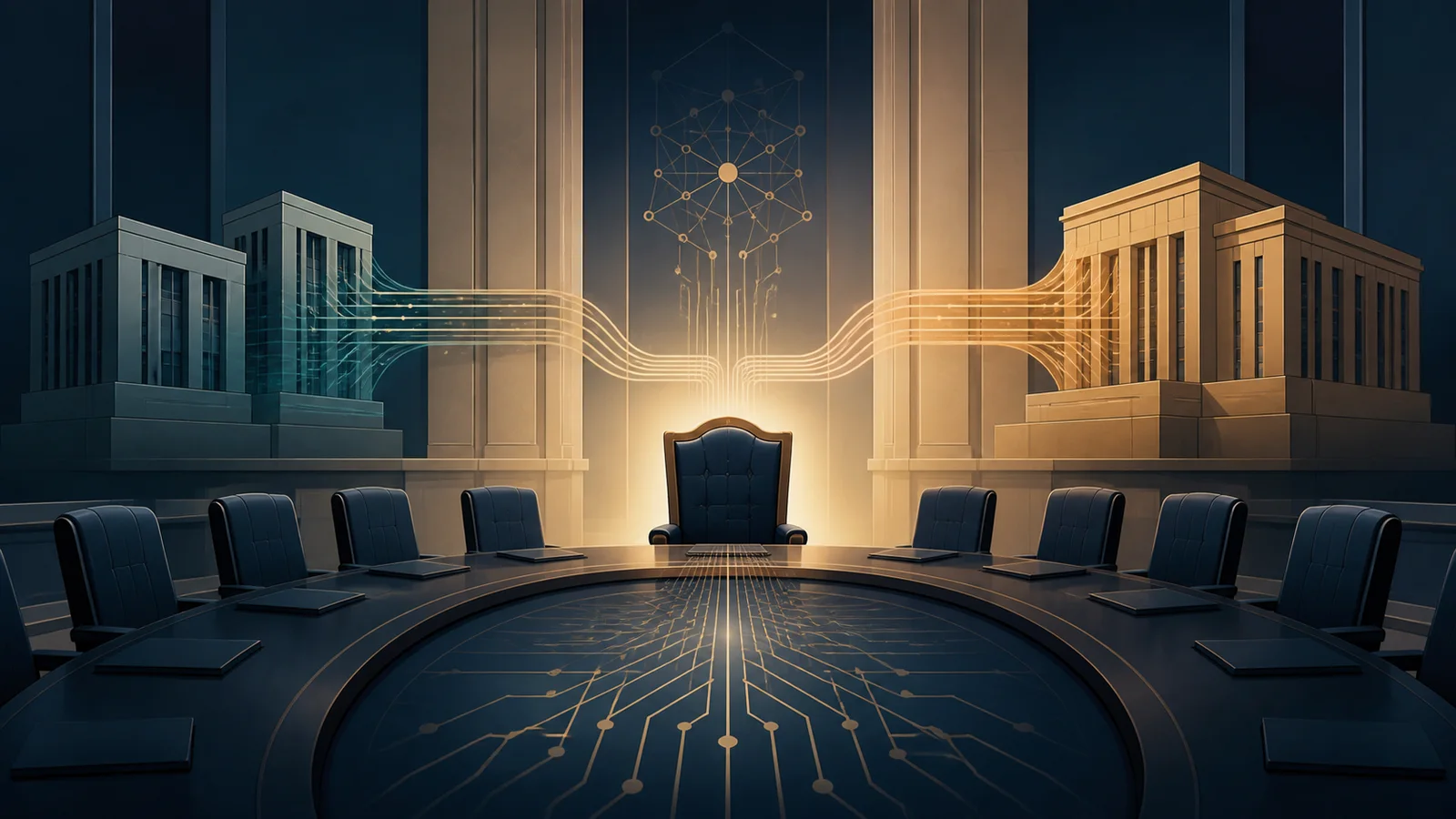 An empty central cabinet chair framed by government-like architectural blocks and converging circuit lines.