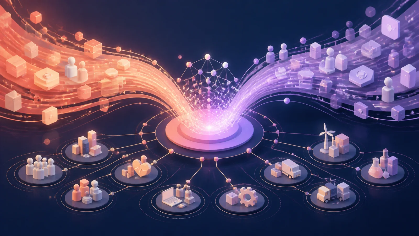 Abstract coral and lavender data streams converge into a network connected to generic workforce and industry symbols.