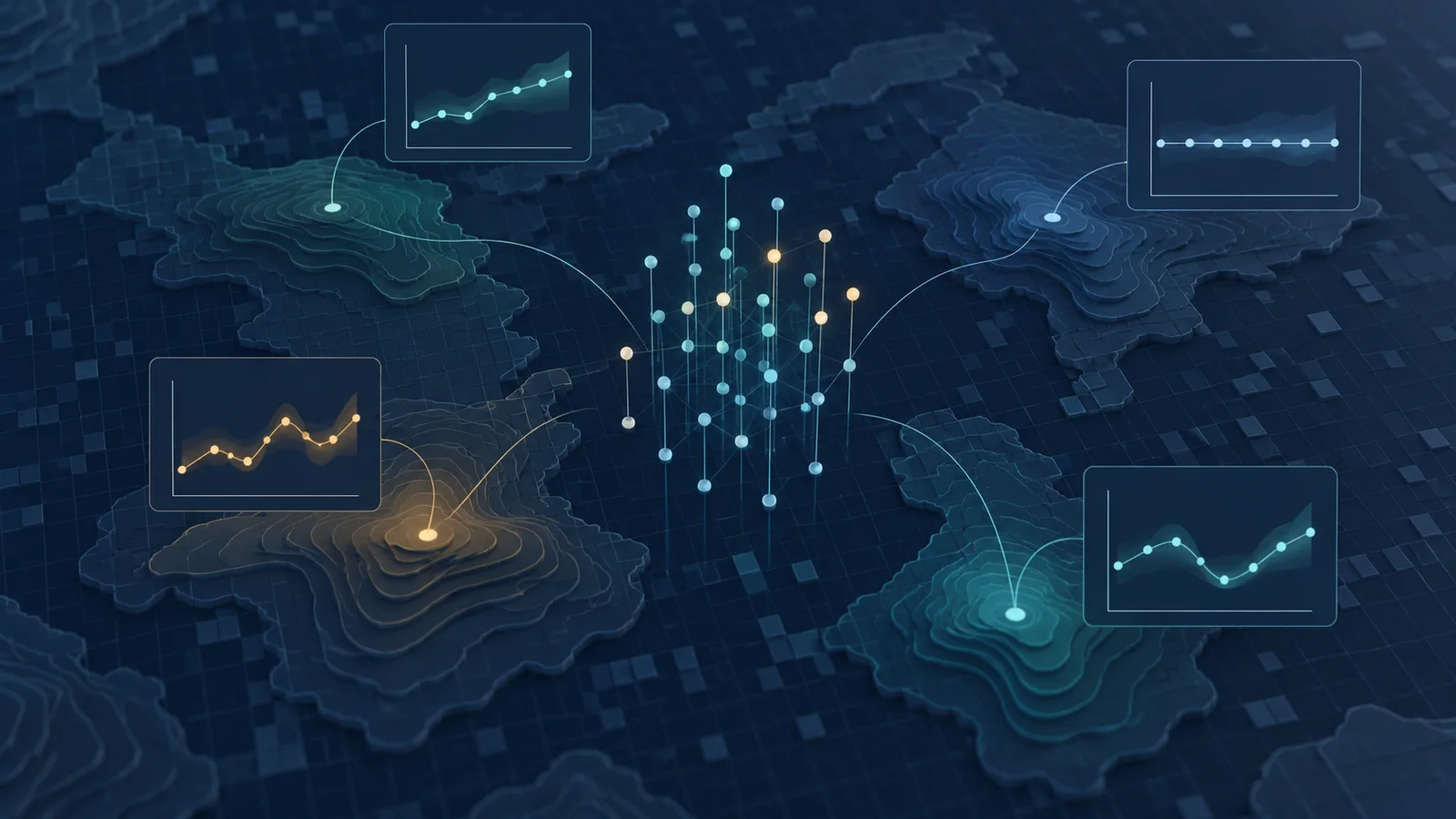 Conceptual geospatial research illustration with location vectors and varied trend charts.