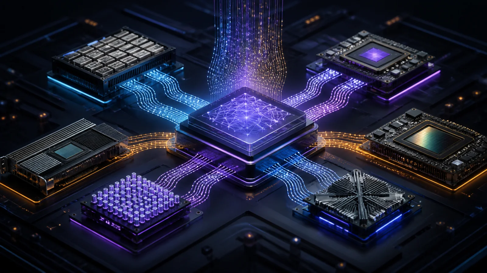 Editorial illustration of a central computing hub routing illuminated data paths among several different accelerator boards.