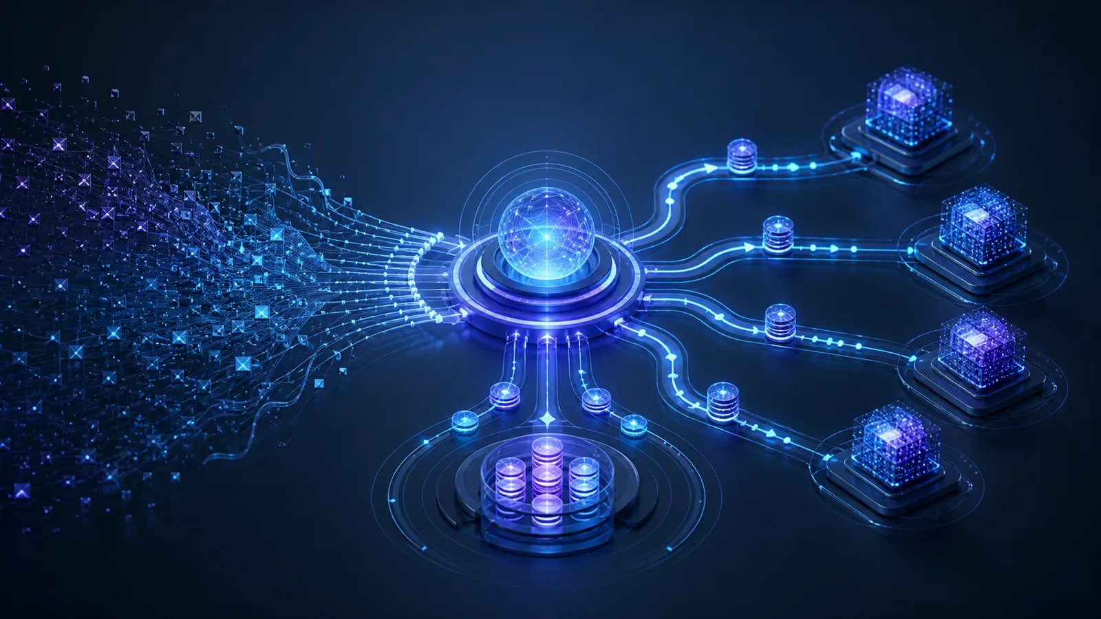 Abstract central orchestration node directing glowing paths to parallel worker modules and returning memory units