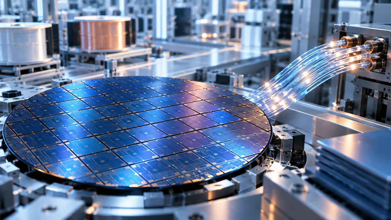 A blue semiconductor wafer linked to glowing fiber-optic cables on an industrial production line.