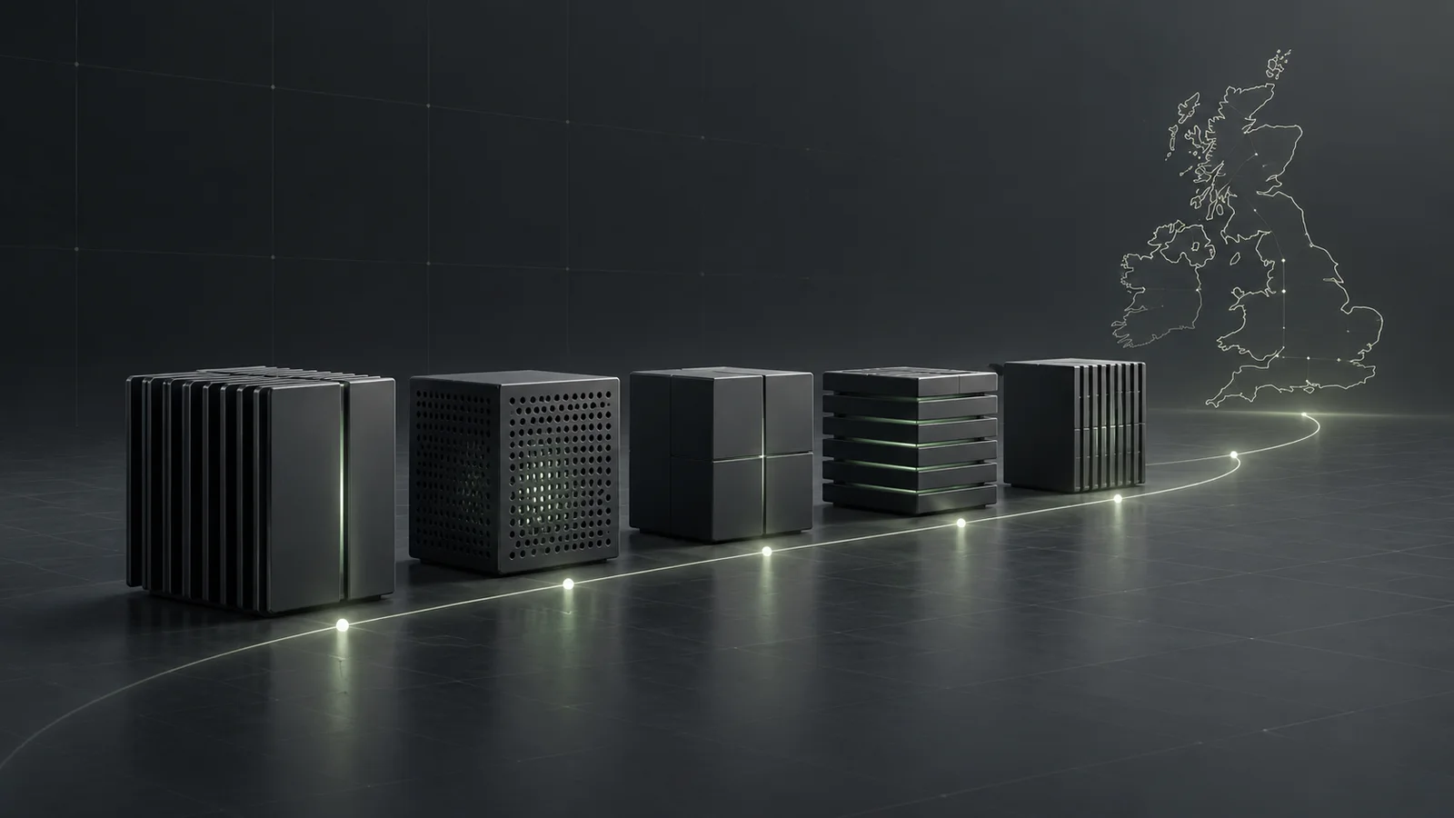 Five dark unlabeled compute modules lead toward a fine-line outline of the United Kingdom on a charcoal research-grid background.