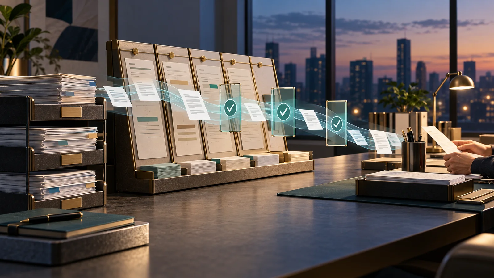 Conceptual editorial illustration of finance documents moving through verification checkpoints toward a human review desk.