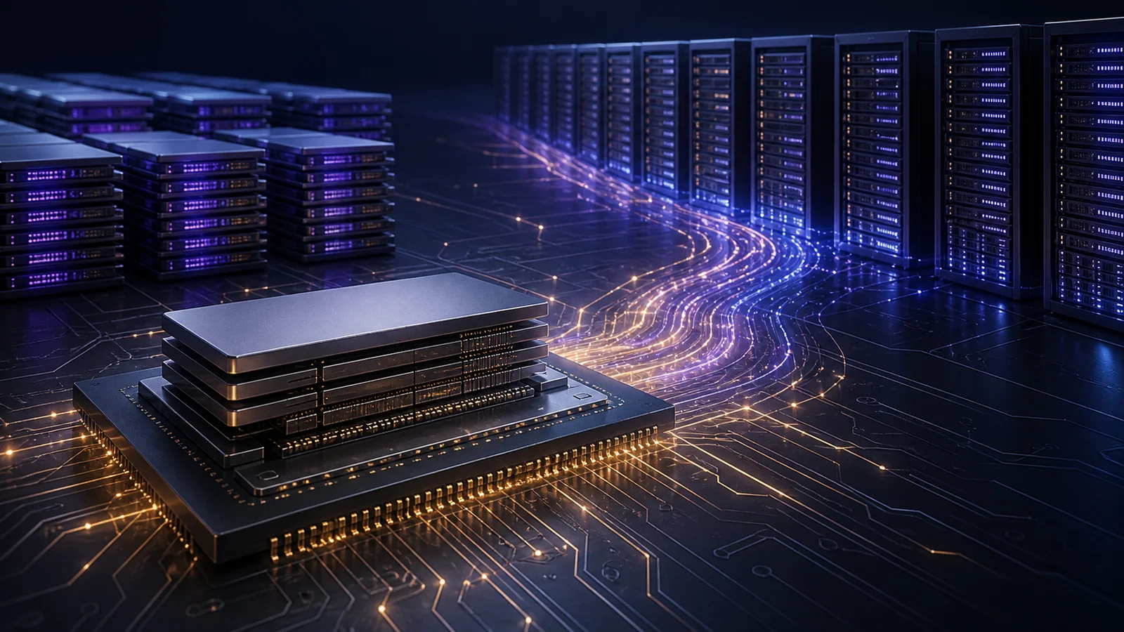 An unbranded stacked memory package connected by illuminated circuits to rows of data center servers.