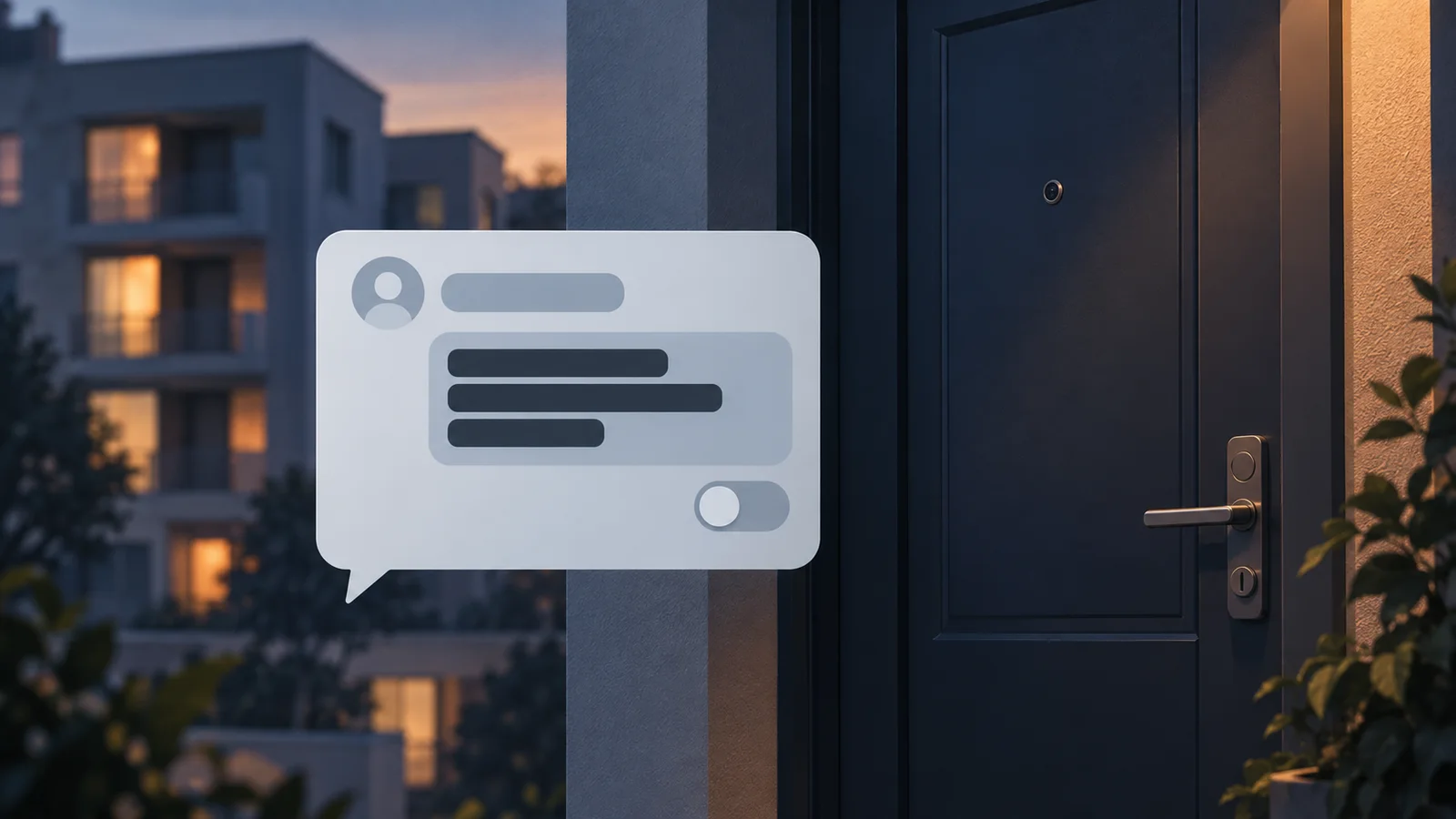 Conceptual illustration of a redacted chat message beside a residential front door at dusk.