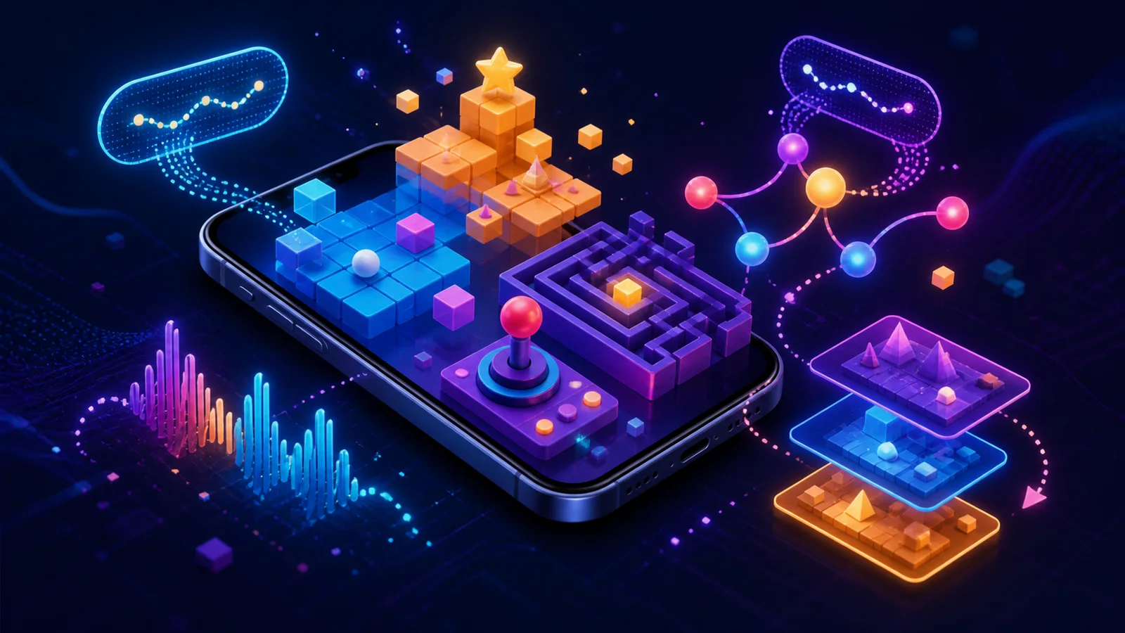A generic smartphone surrounded by colorful miniature game platforms, a maze, controls, sound waves and connected remix nodes.