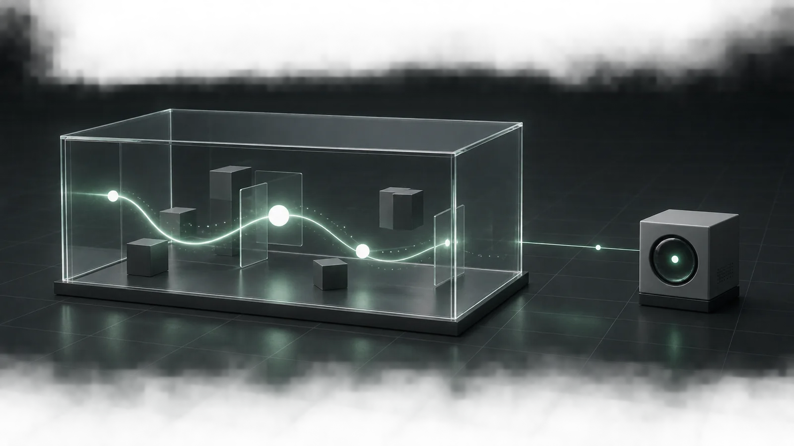 Editorial illustration of a luminous data path inside a transparent sandbox, observed by a separate external monitoring module.