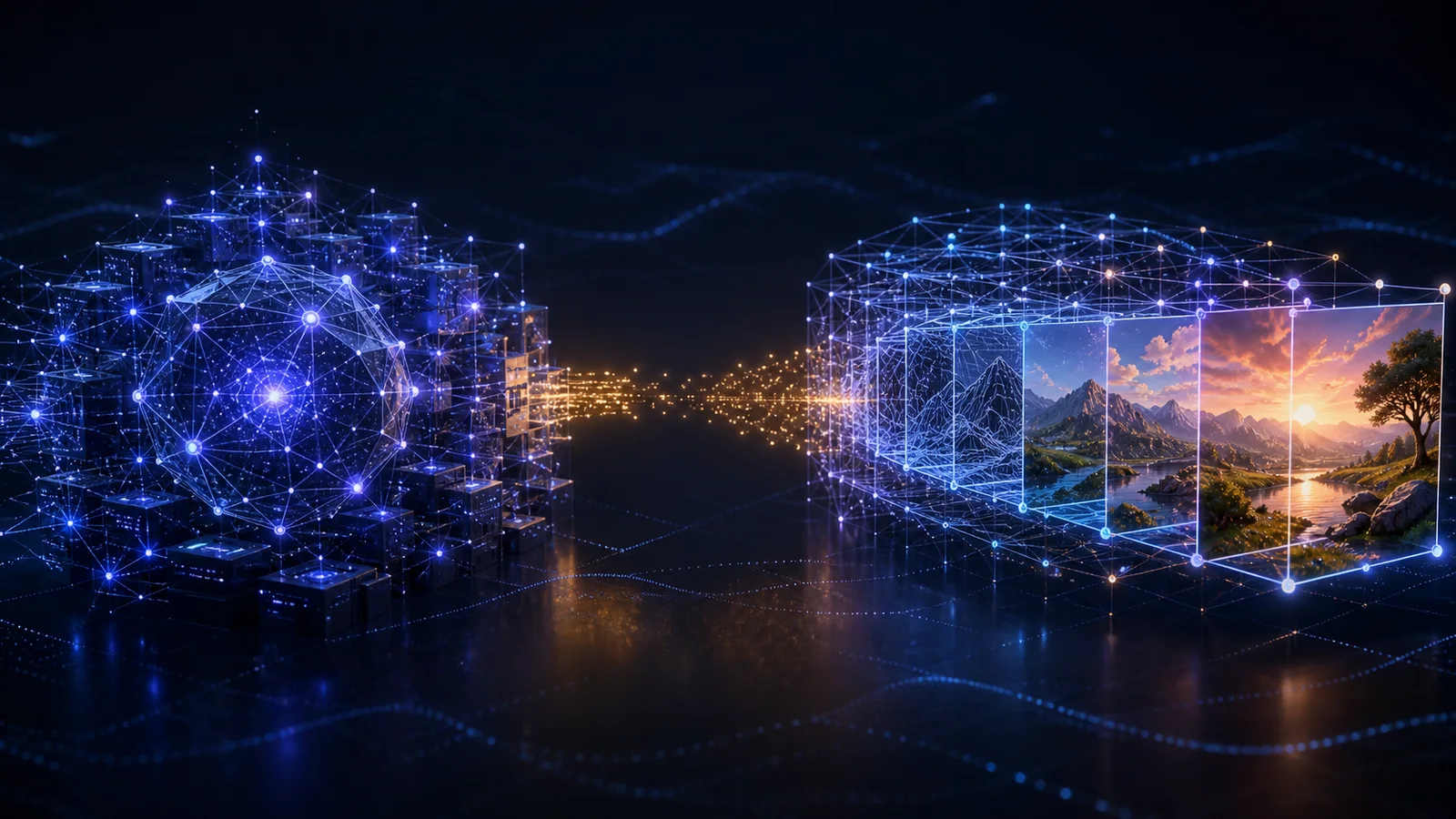 Two abstract neural-network structures face an incomplete bridge of glowing data particles, beside frames evolving from a wireframe mountain scene into a rendered landscape.
