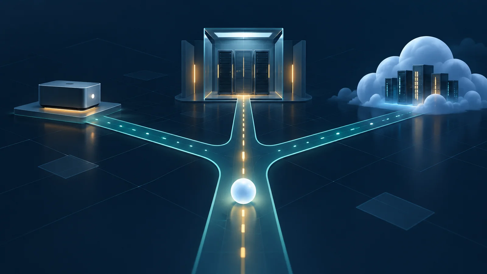 Conceptual illustration of one data token reaching a three-way route to a local device, private compute enclosure and cloud compute cluster.