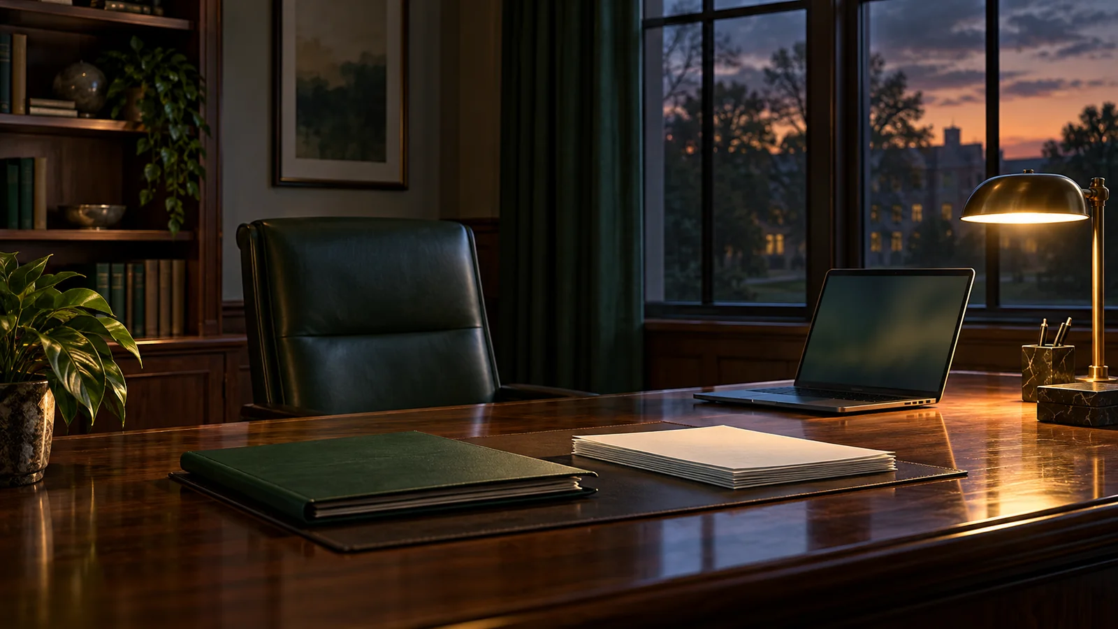 Conceptual illustration of an empty university office with an unbranded laptop, papers and a desk lamp at dusk.